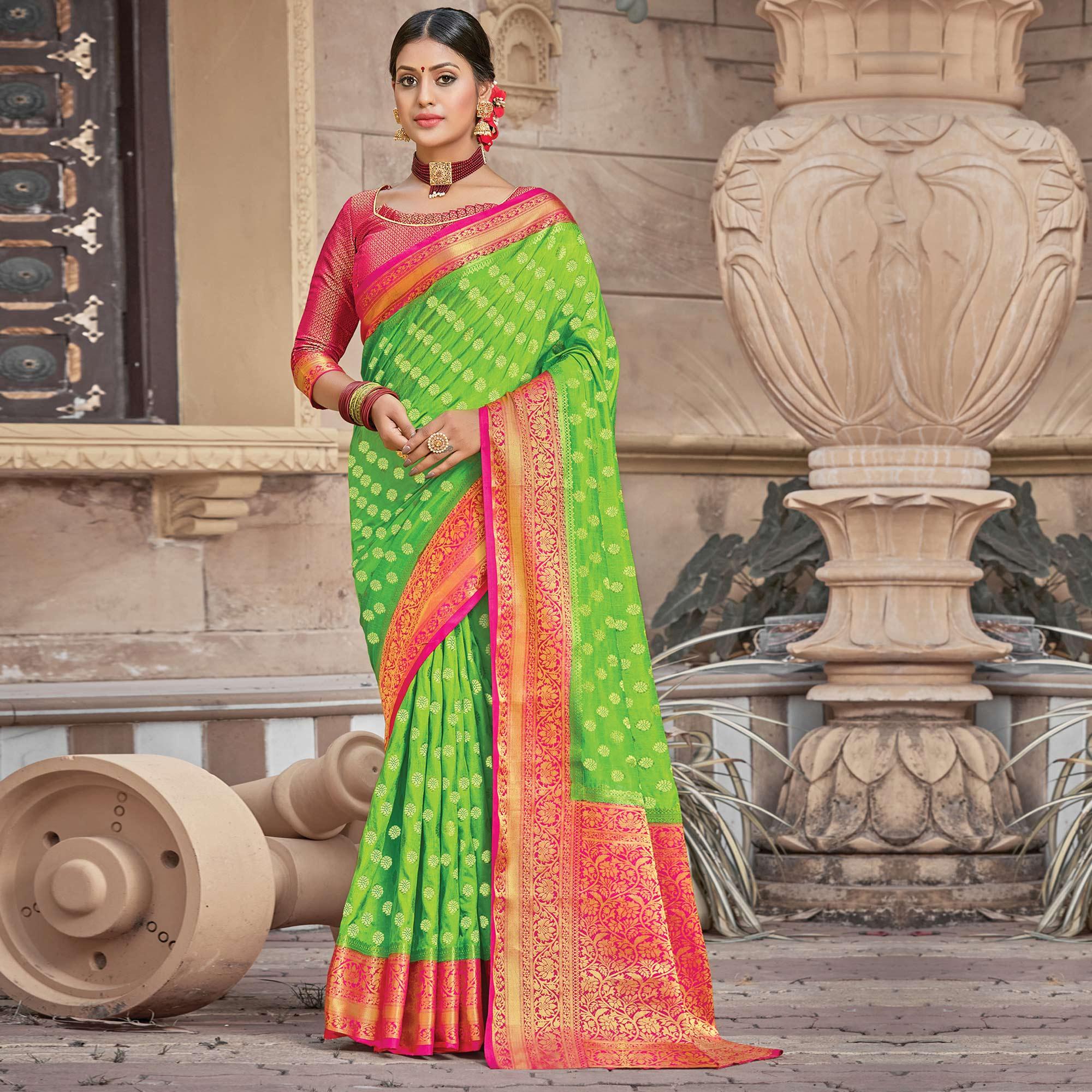 Parrot Green Festive Wear Woven Silk Saree - Peachmode