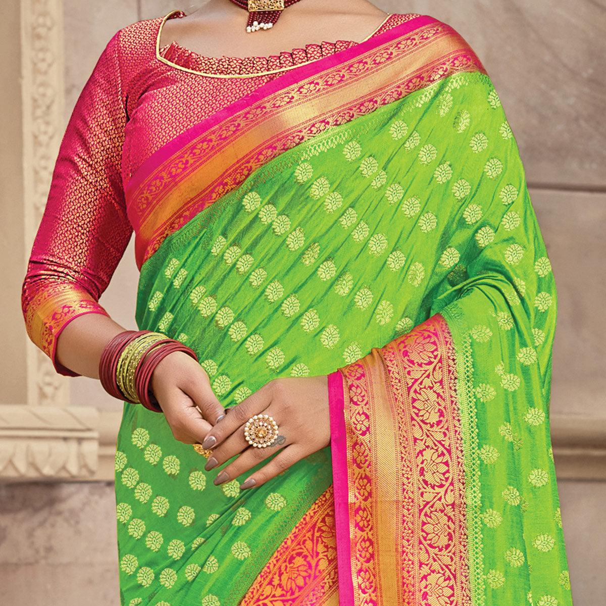 Parrot Green Festive Wear Woven Silk Saree - Peachmode
