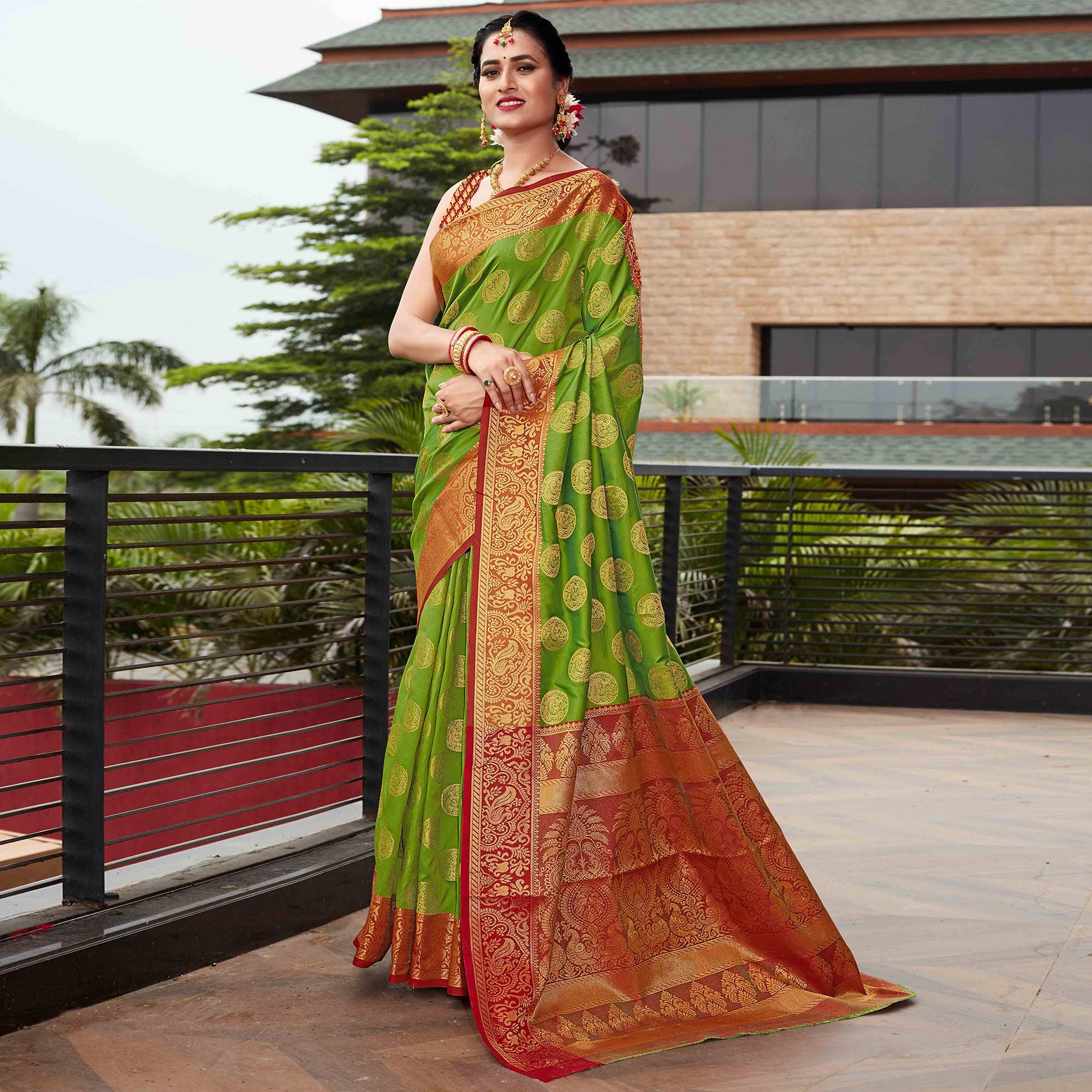 Parrot Green Festive Wear Woven Silk Saree With Meena Butta Rich Pallu - Peachmode