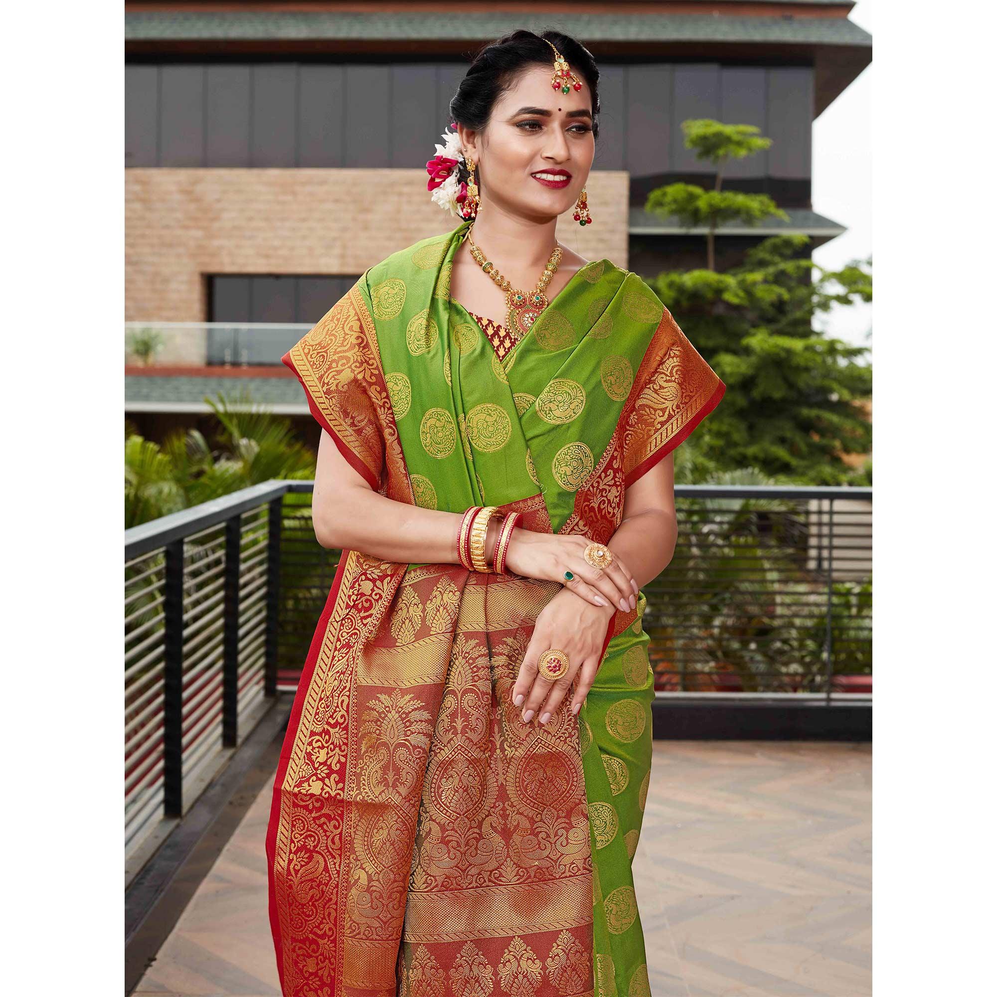 Parrot Green Festive Wear Woven Silk Saree With Meena Butta Rich Pallu - Peachmode