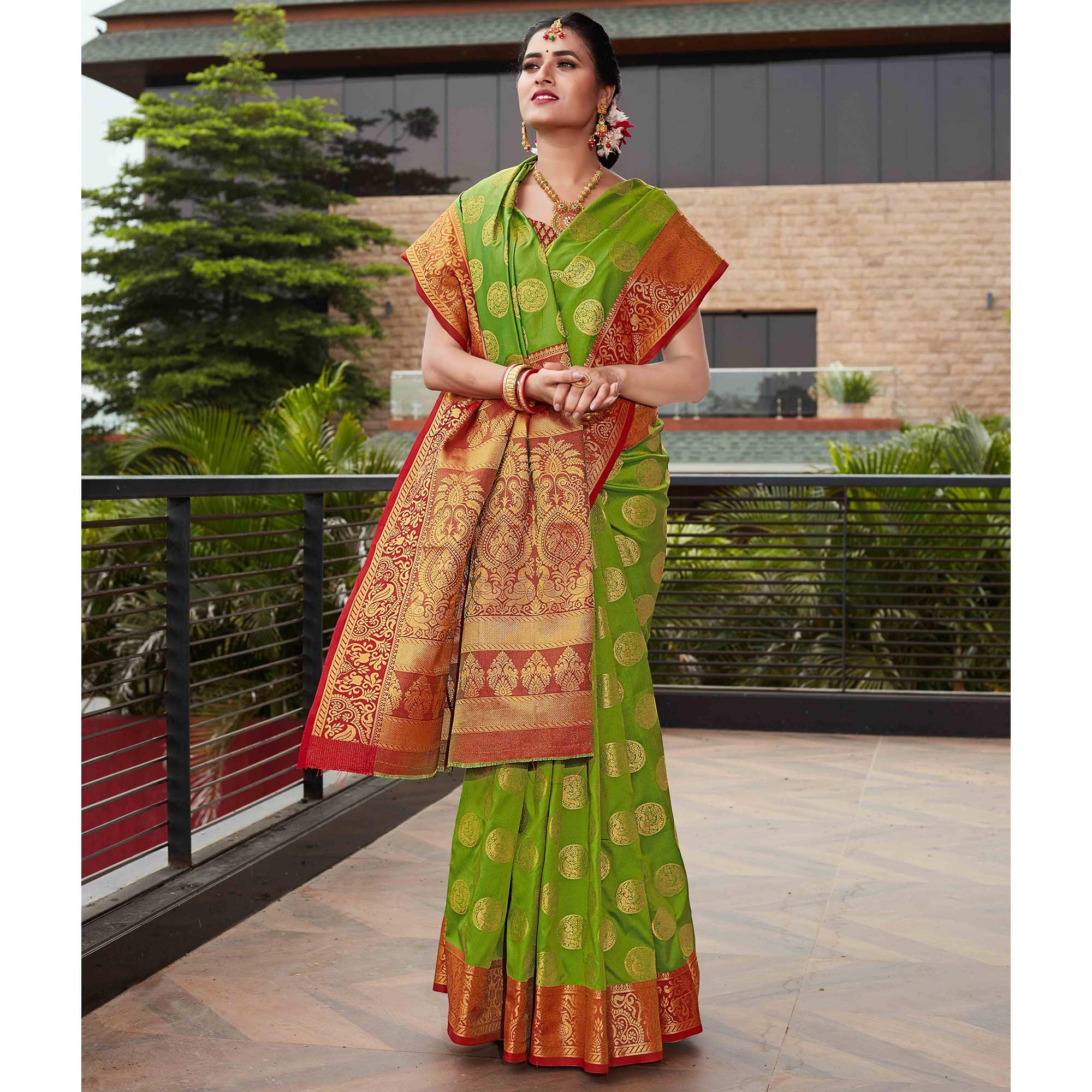 Parrot Green Festive Wear Woven Silk Saree With Meena Butta Rich Pallu - Peachmode