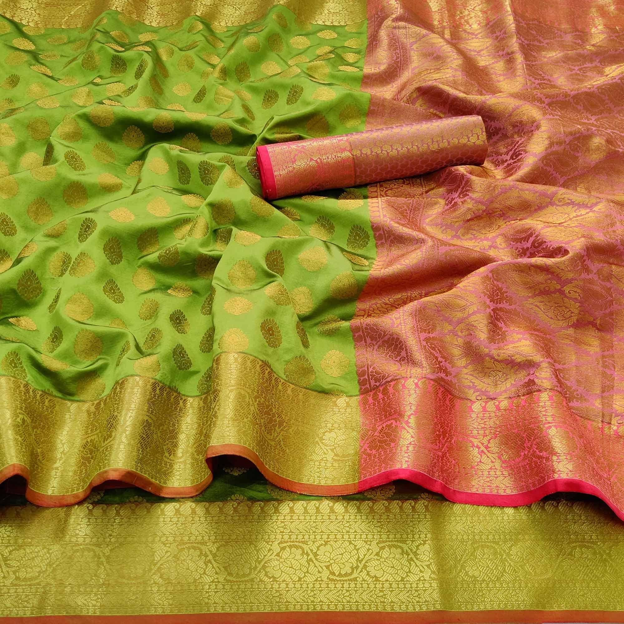 Parrot Green Festive Wear Woven Silk Saree With Rich Pallu - Peachmode