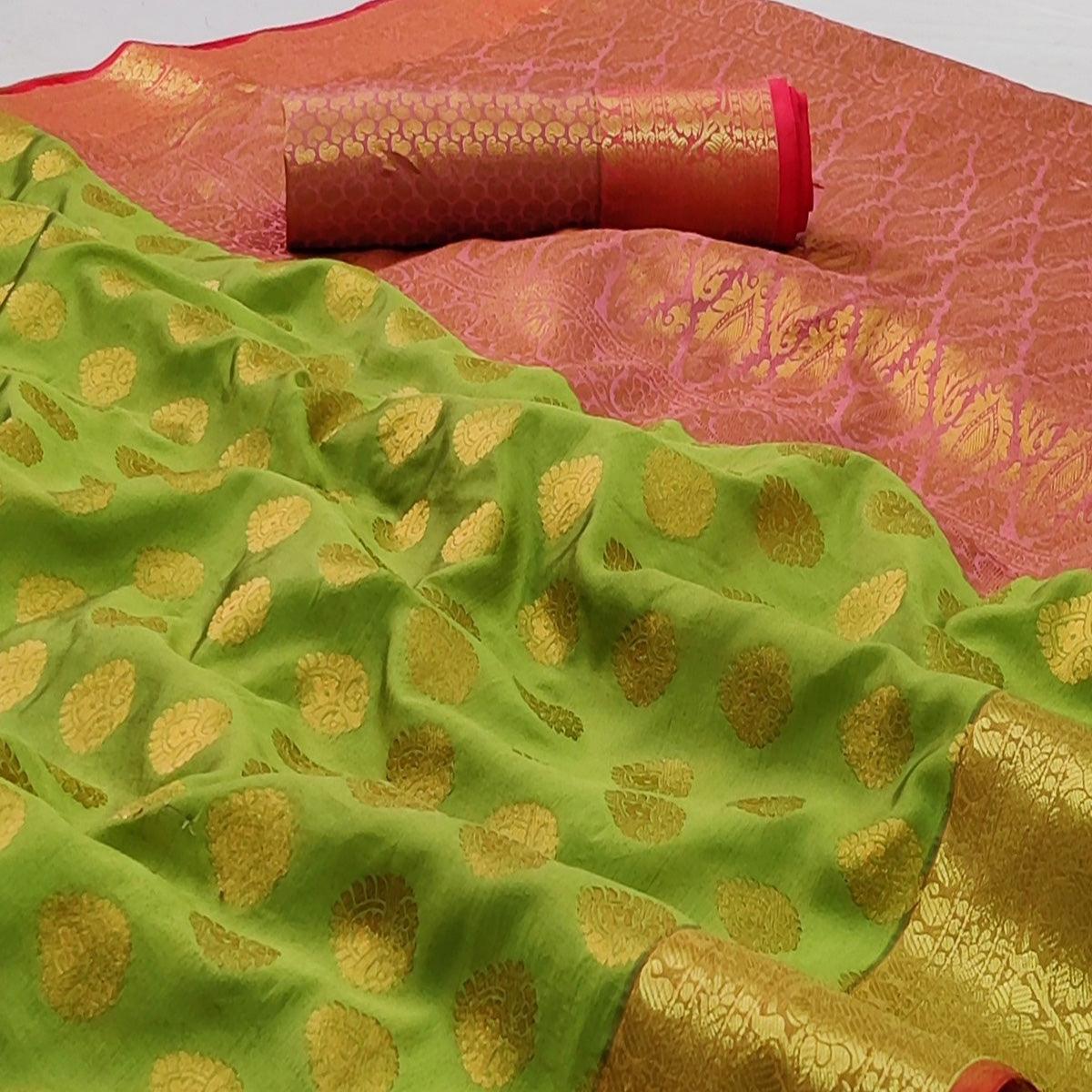 Parrot Green Festive Wear Woven Silk Saree With Rich Pallu - Peachmode