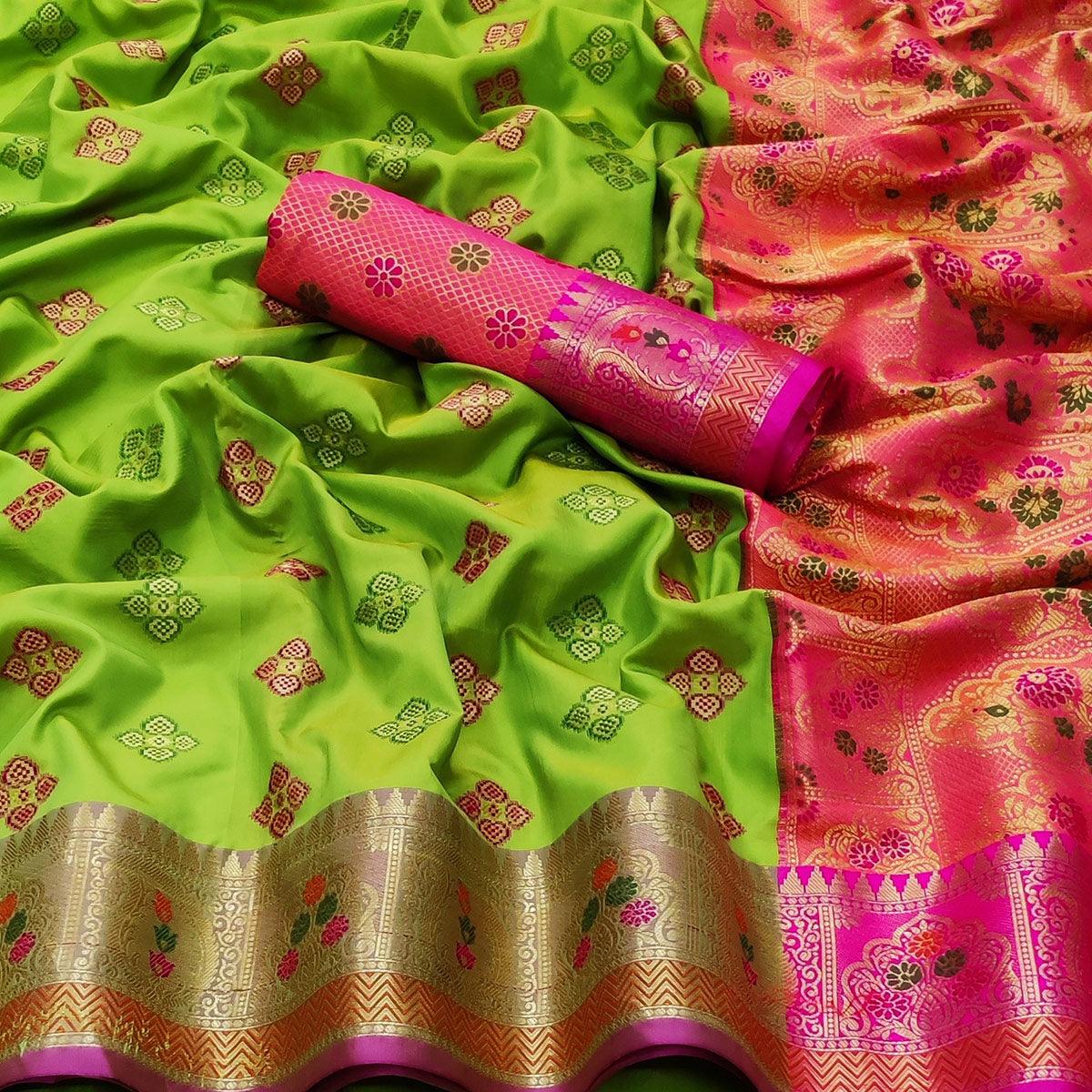 Parrot Green Festive Wear Woven Soft Banarasi Silk Saree - Peachmode