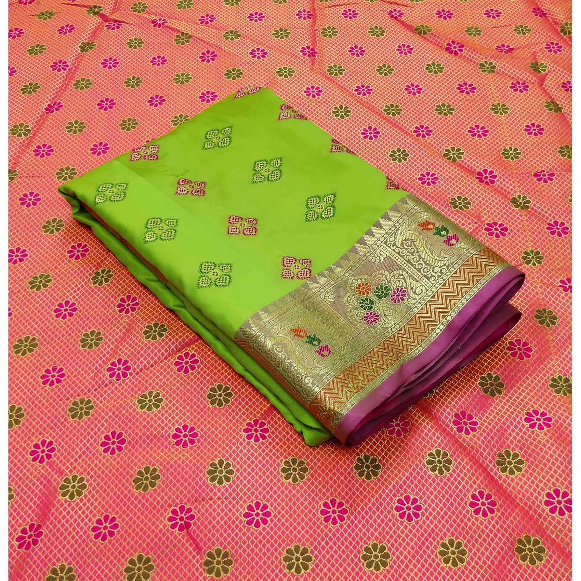 Parrot Green Festive Wear Woven Soft Banarasi Silk Saree - Peachmode