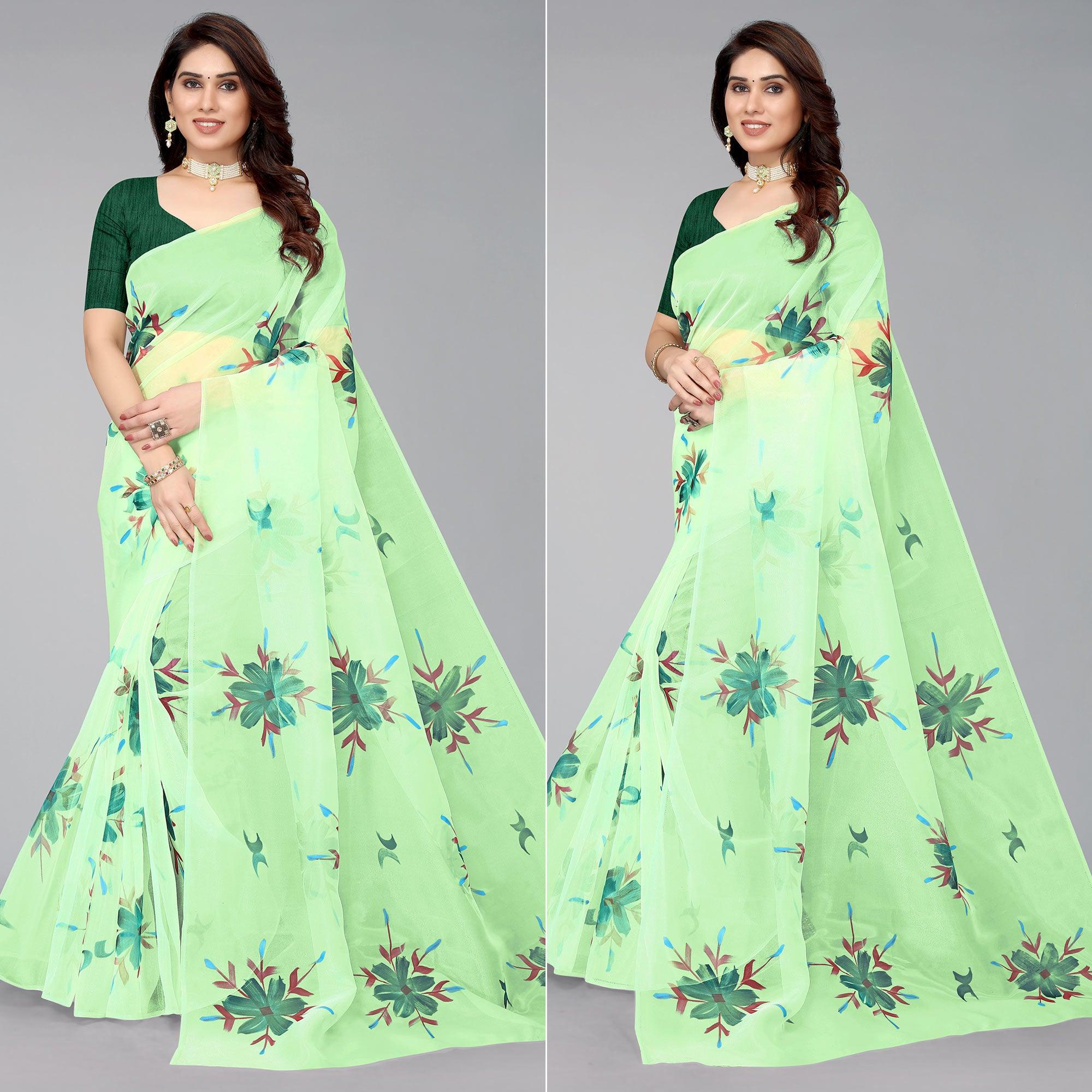 Parrot Green Hand Printed Organza Saree - Peachmode