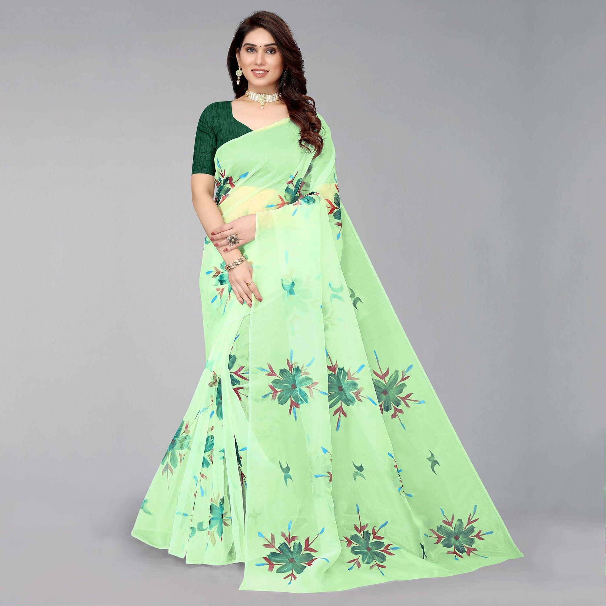 Parrot Green Hand Printed Organza Saree - Peachmode