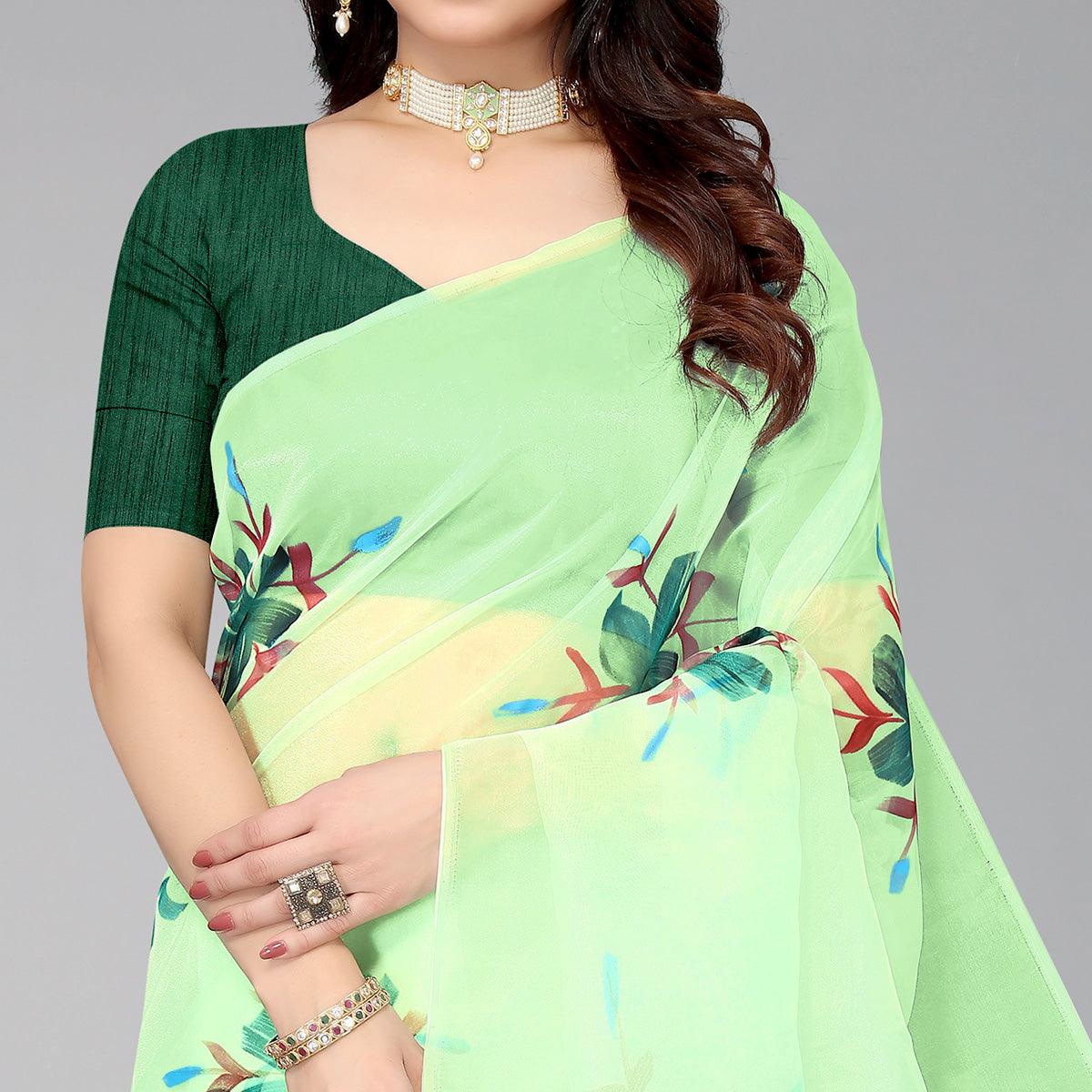 Parrot Green Hand Printed Organza Saree - Peachmode