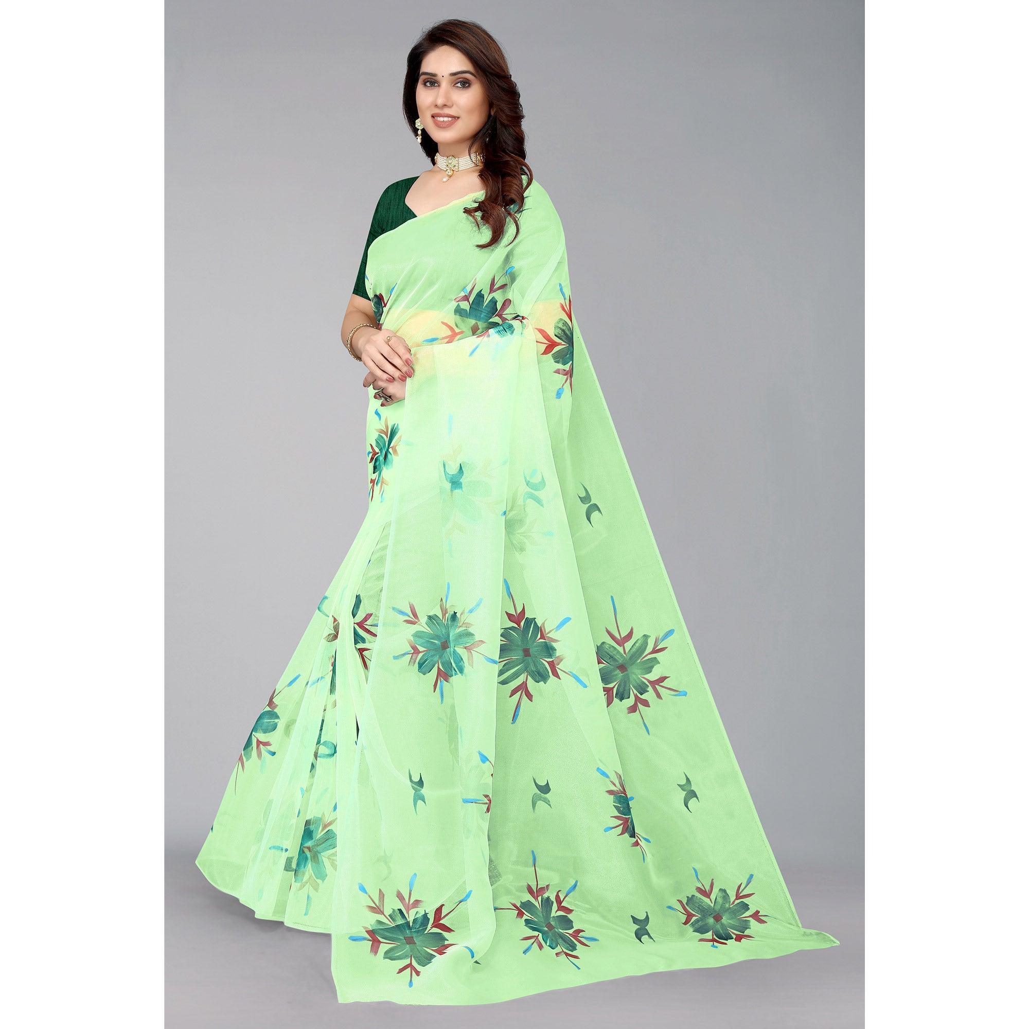 Parrot Green Hand Printed Organza Saree - Peachmode