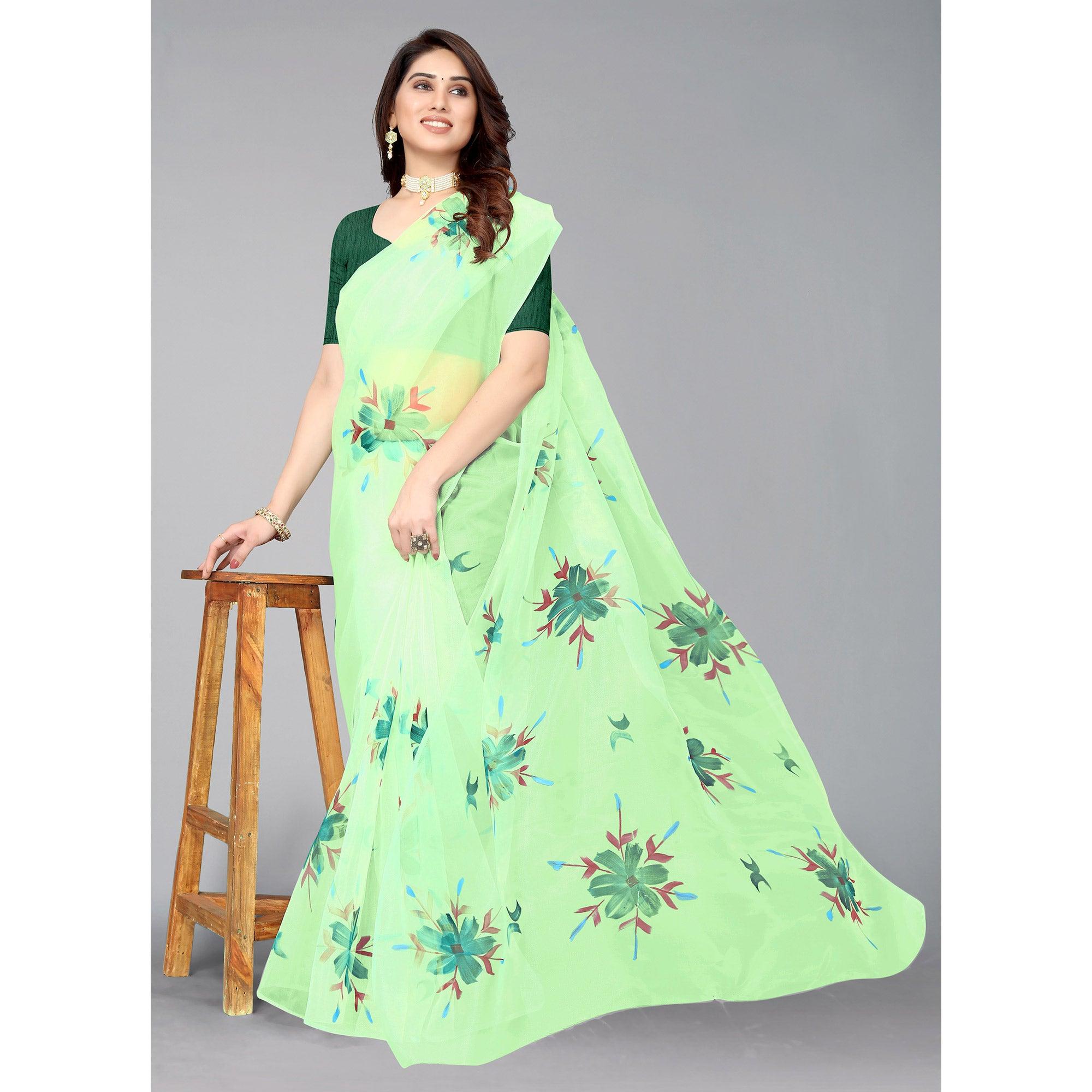 Parrot Green Hand Printed Organza Saree - Peachmode