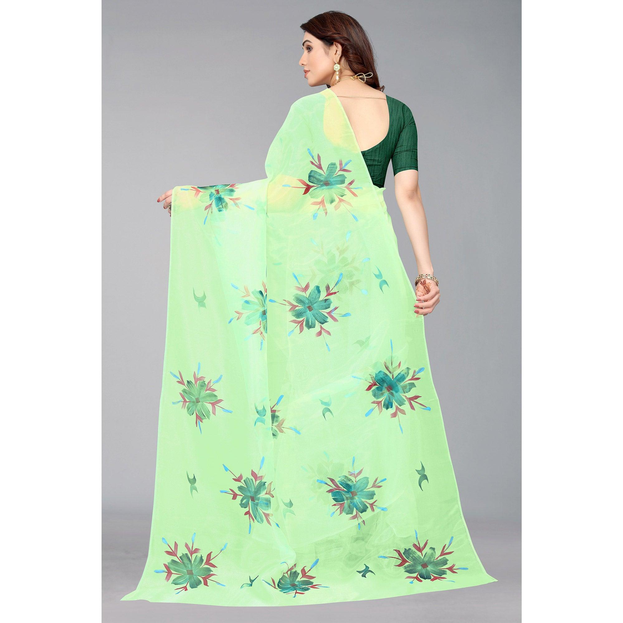 Parrot Green Hand Printed Organza Saree - Peachmode