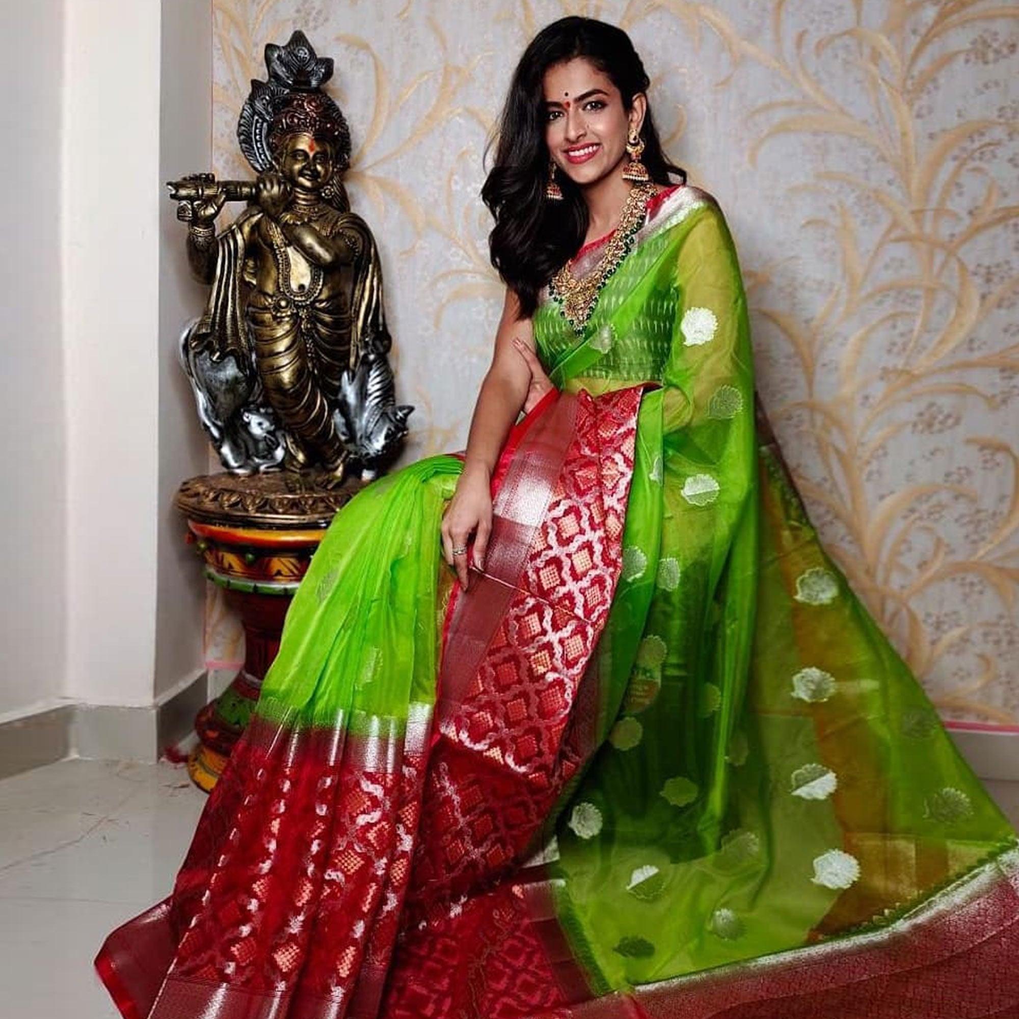 Parrot Green-Red Festive Wear Woven Pure Organza Banarasi Saree - Peachmode