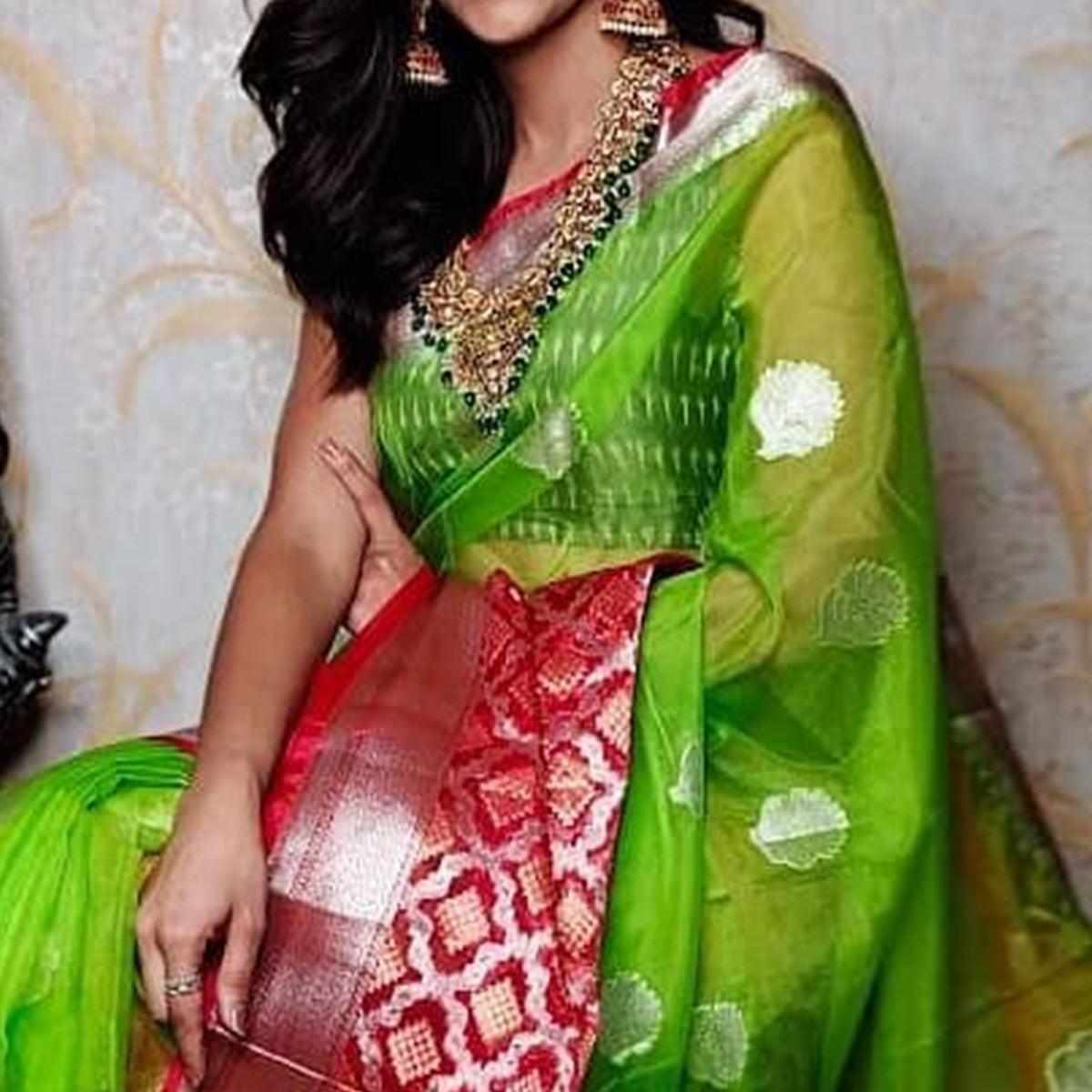 Parrot Green-Red Festive Wear Woven Pure Organza Banarasi Saree - Peachmode