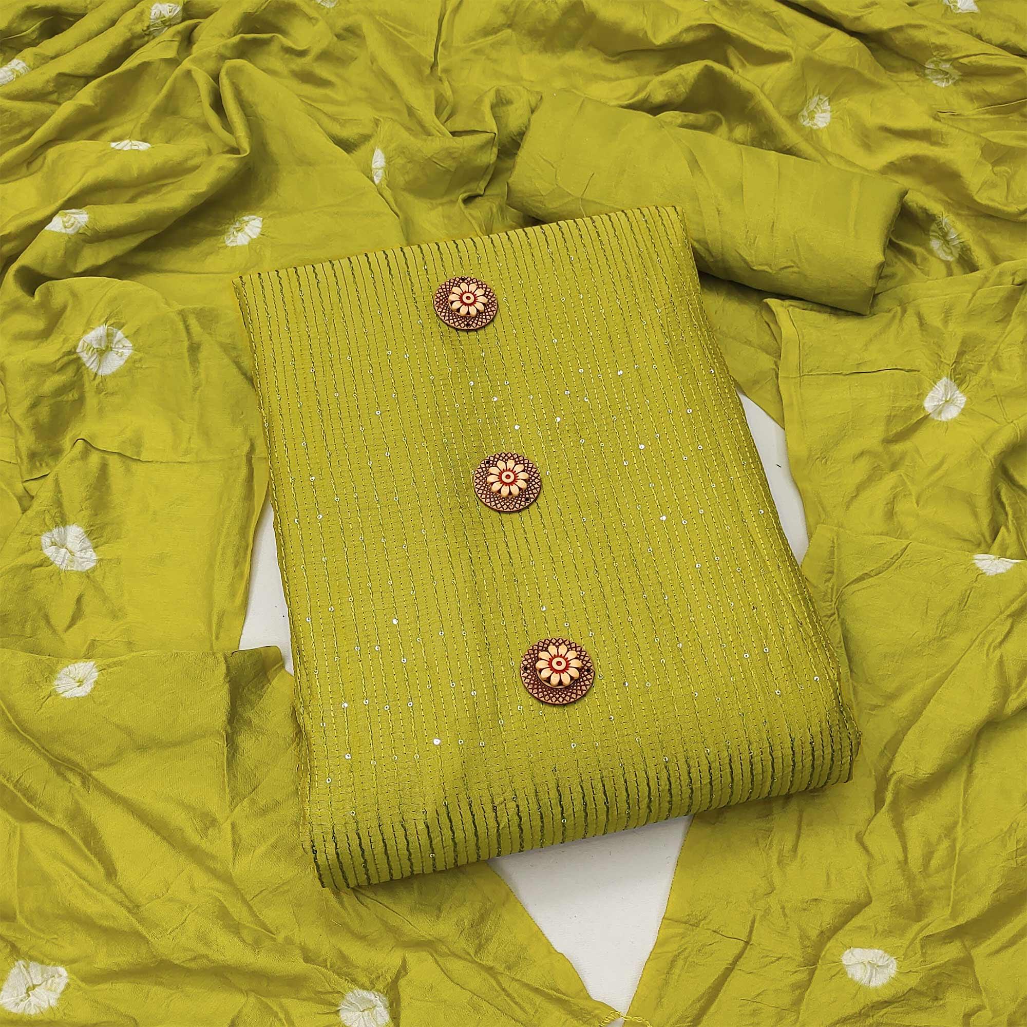 Parrot Green Sequence Embroidered Chanderi Dress Material - Peachmode