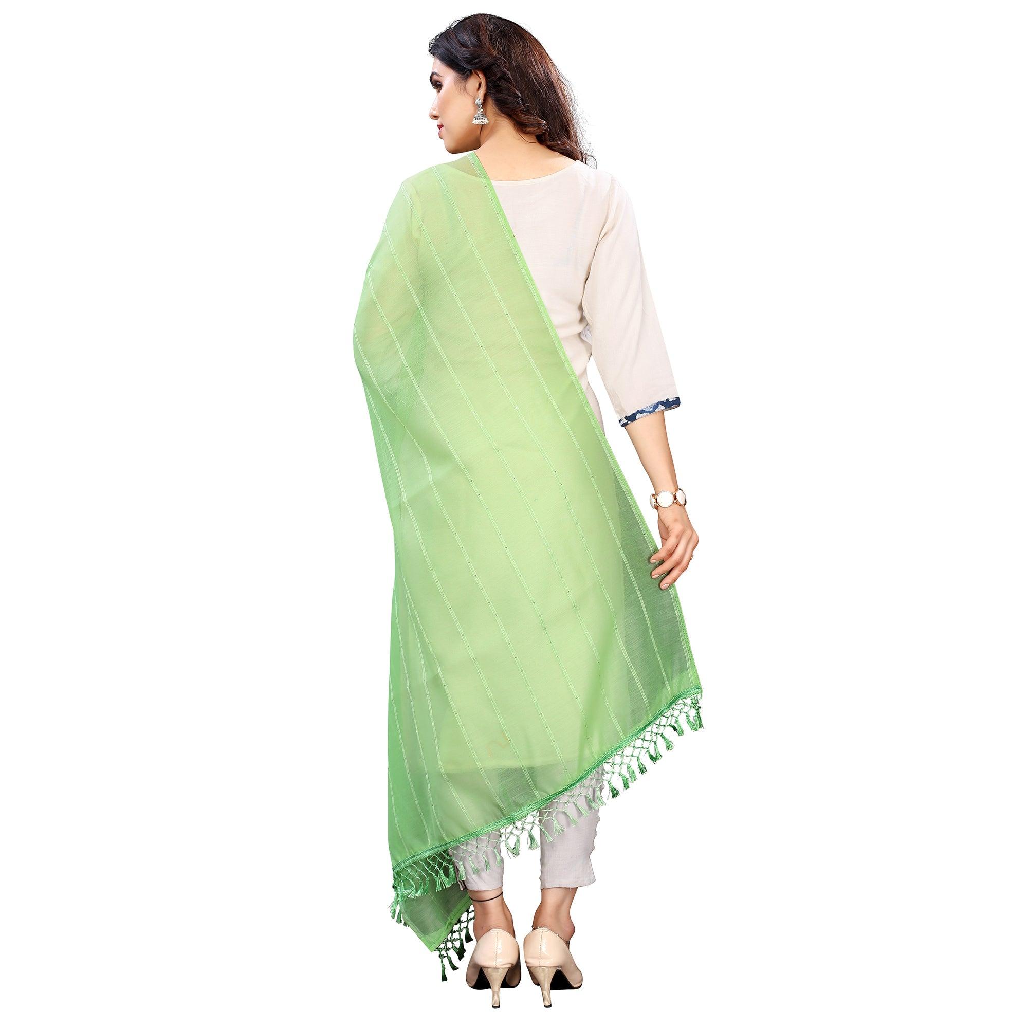 Parrot Green Stripes Woven Sequence Festive Wear Cotton Silk Dupatta - Peachmode