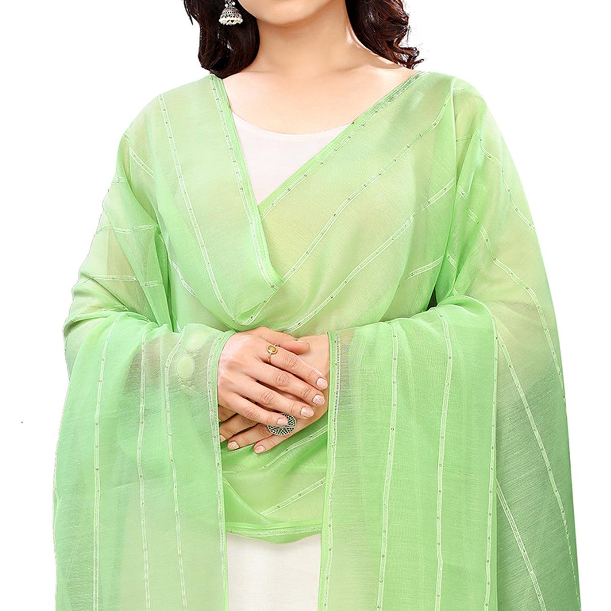 Parrot Green Stripes Woven Sequence Festive Wear Cotton Silk Dupatta - Peachmode
