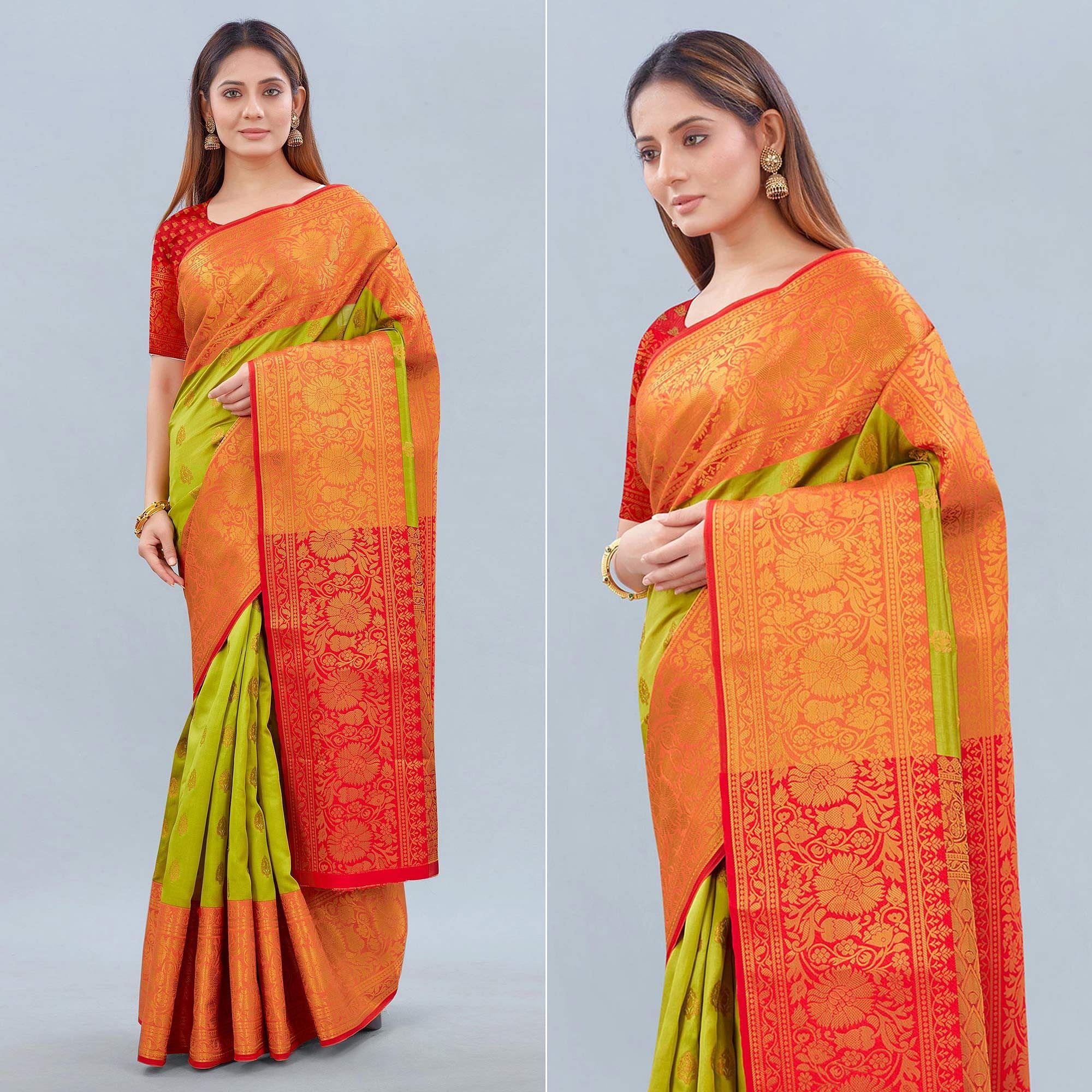 Parrot Green Woven Banarasi Silk Saree - Peachmode