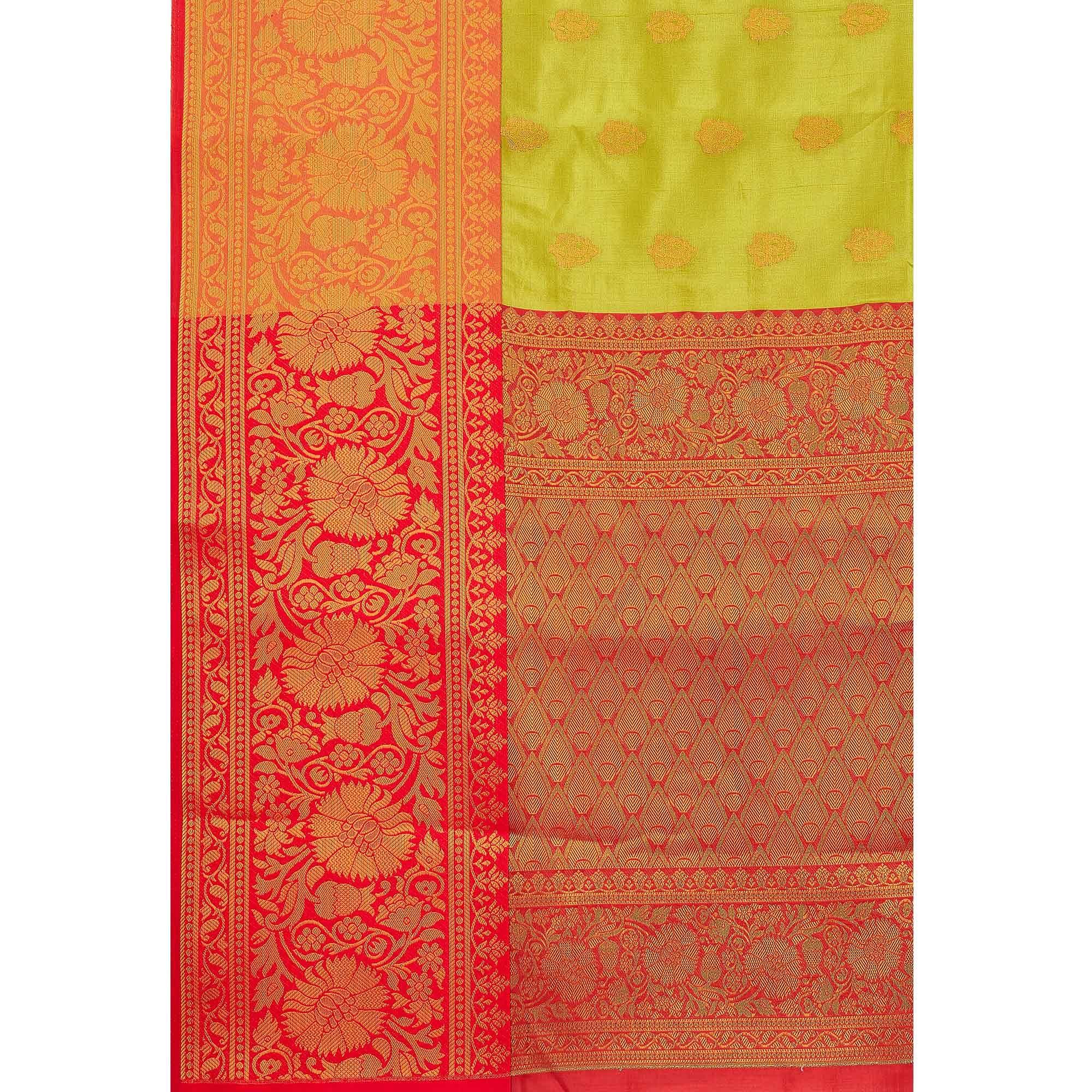 Parrot Green Woven Banarasi Silk Saree - Peachmode