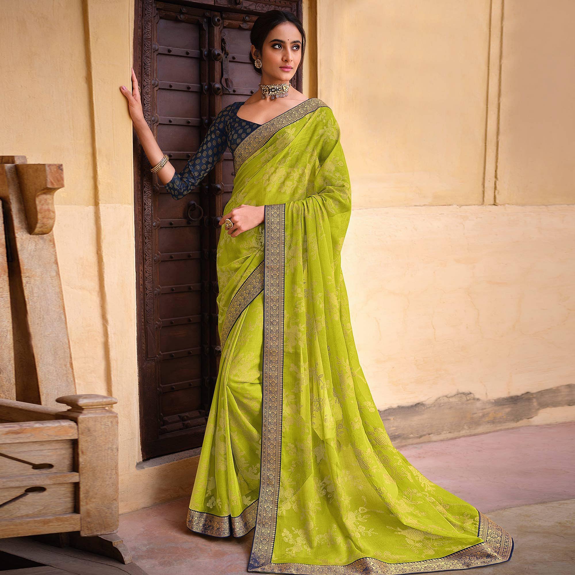 Parrot Green Woven Chiffon Saree - Peachmode