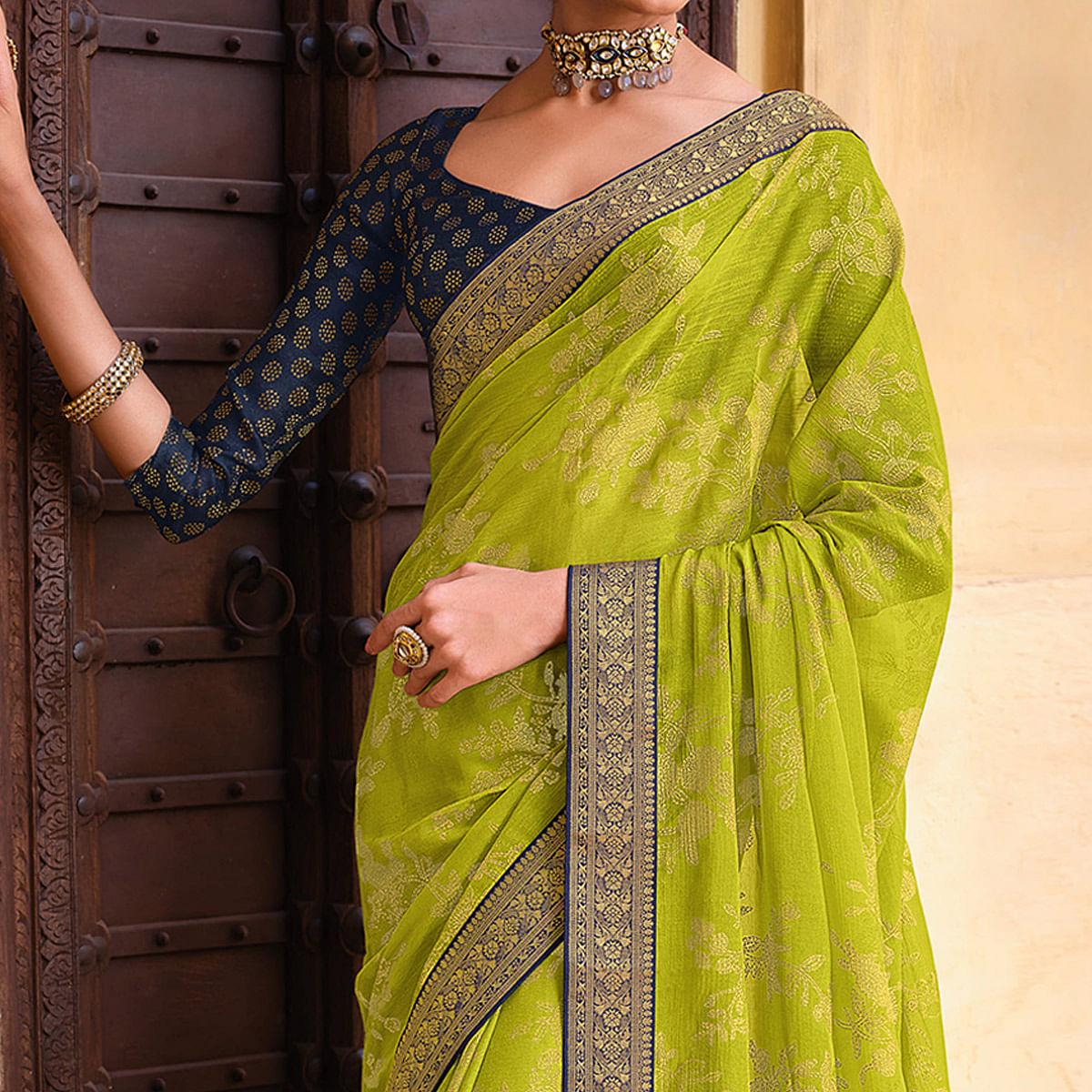 Parrot Green Woven Chiffon Saree - Peachmode