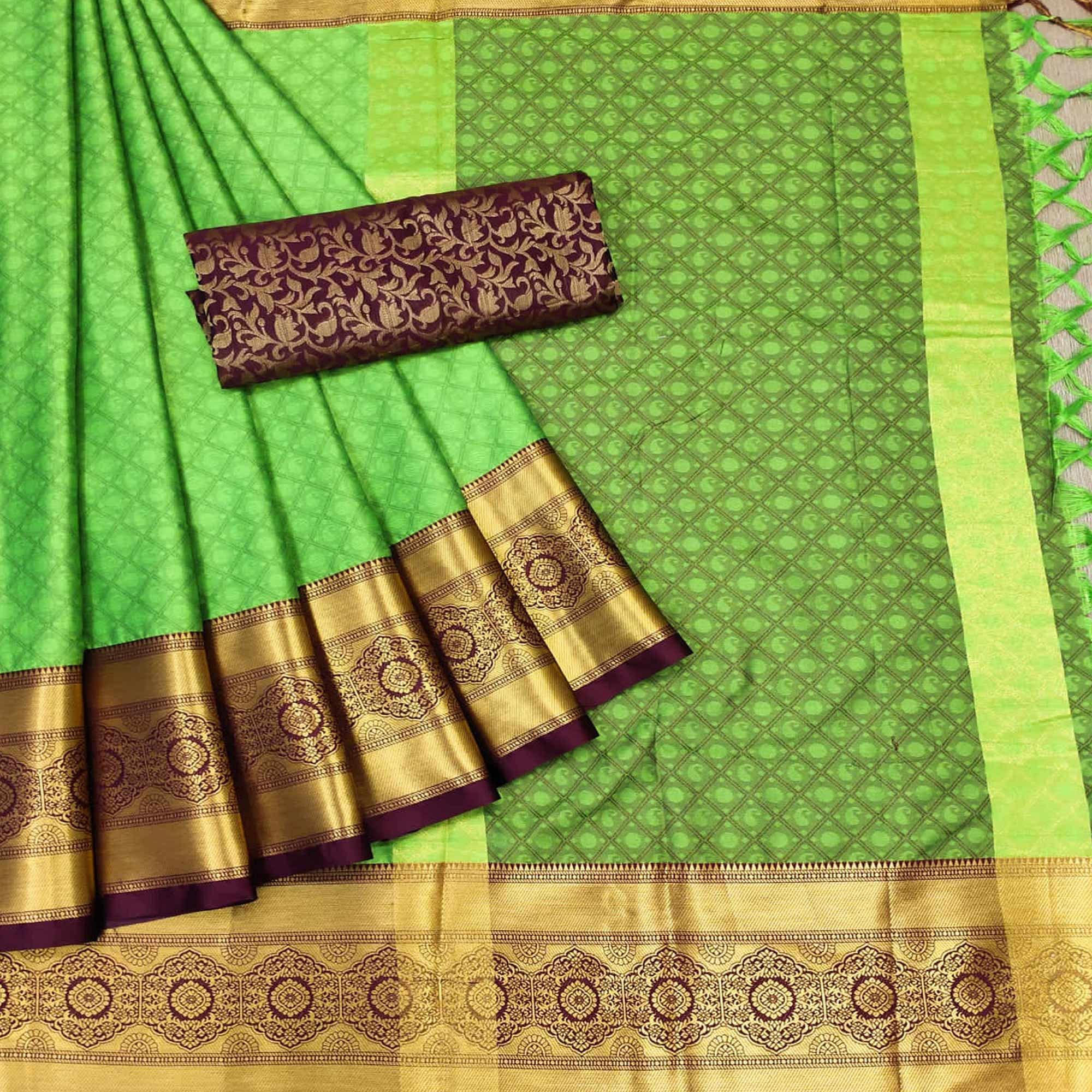 Parrot Green Woven Cotton Silk Saree - Peachmode