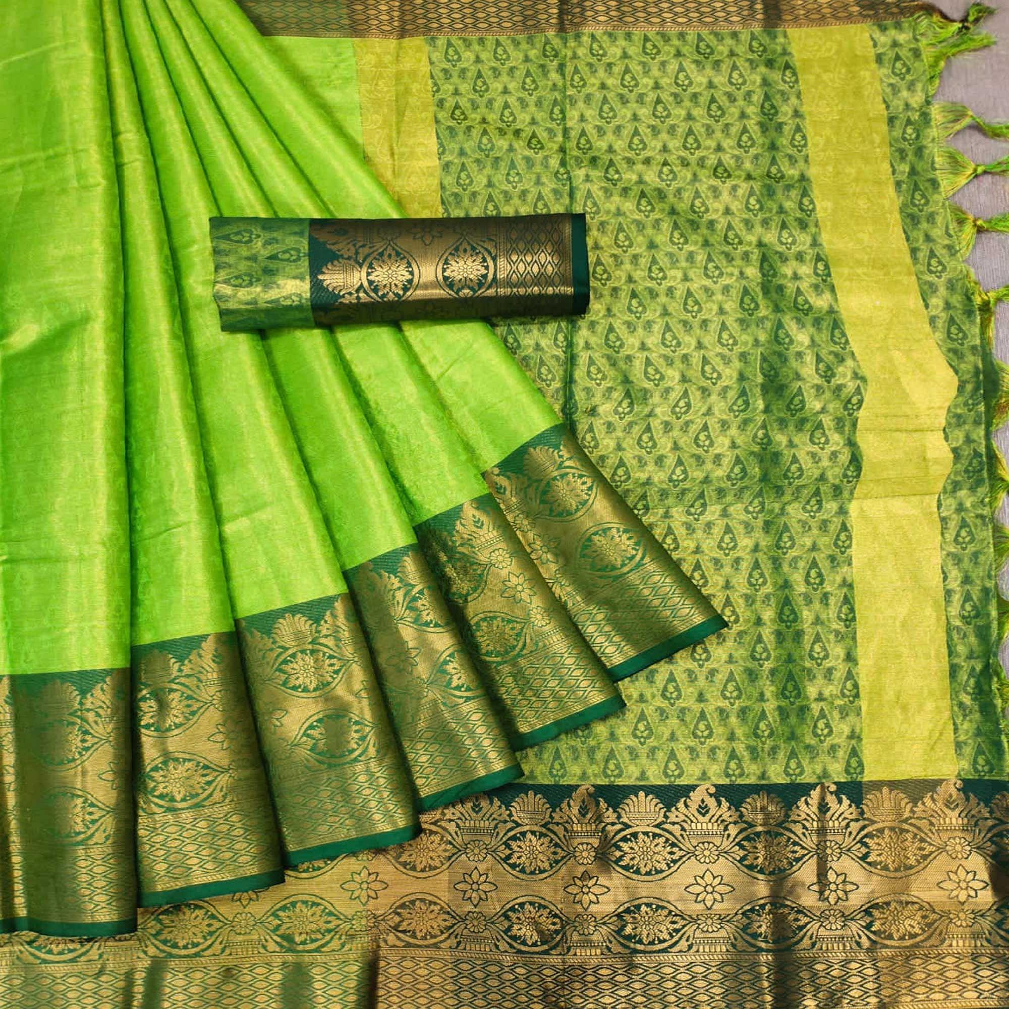 Parrot Green Woven Cotton Silk Saree - Peachmode