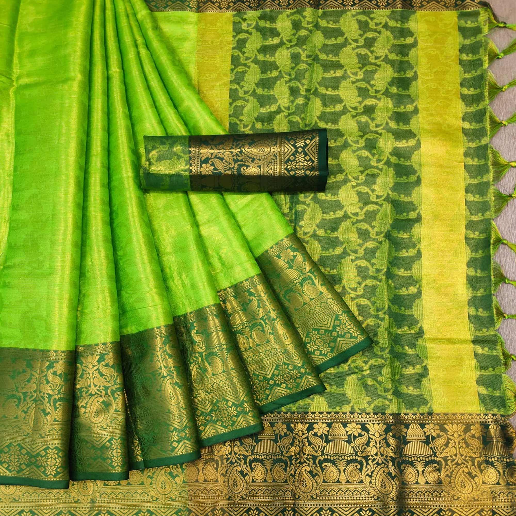 Parrot Green Woven Cotton Silk Saree - Peachmode
