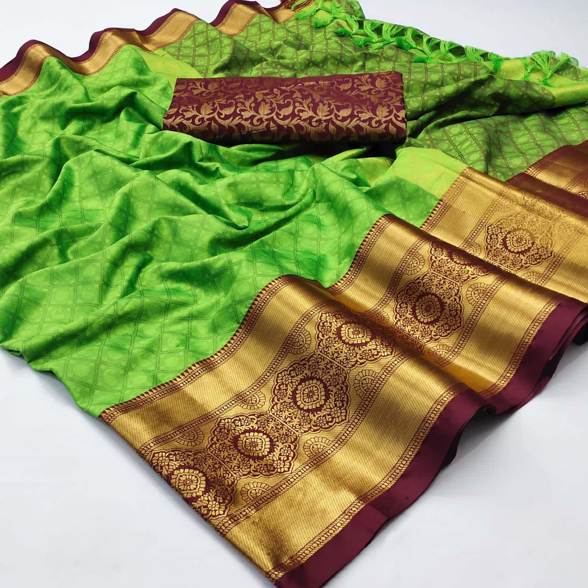Parrot Green Woven Cotton Silk Saree - Peachmode
