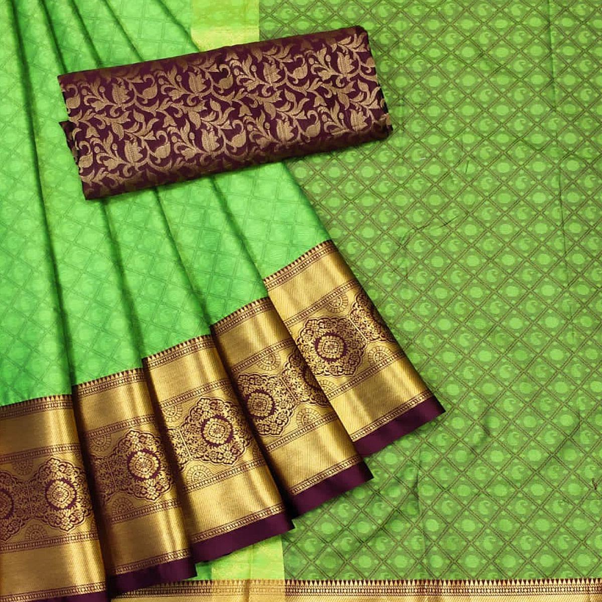 Parrot Green Woven Cotton Silk Saree - Peachmode