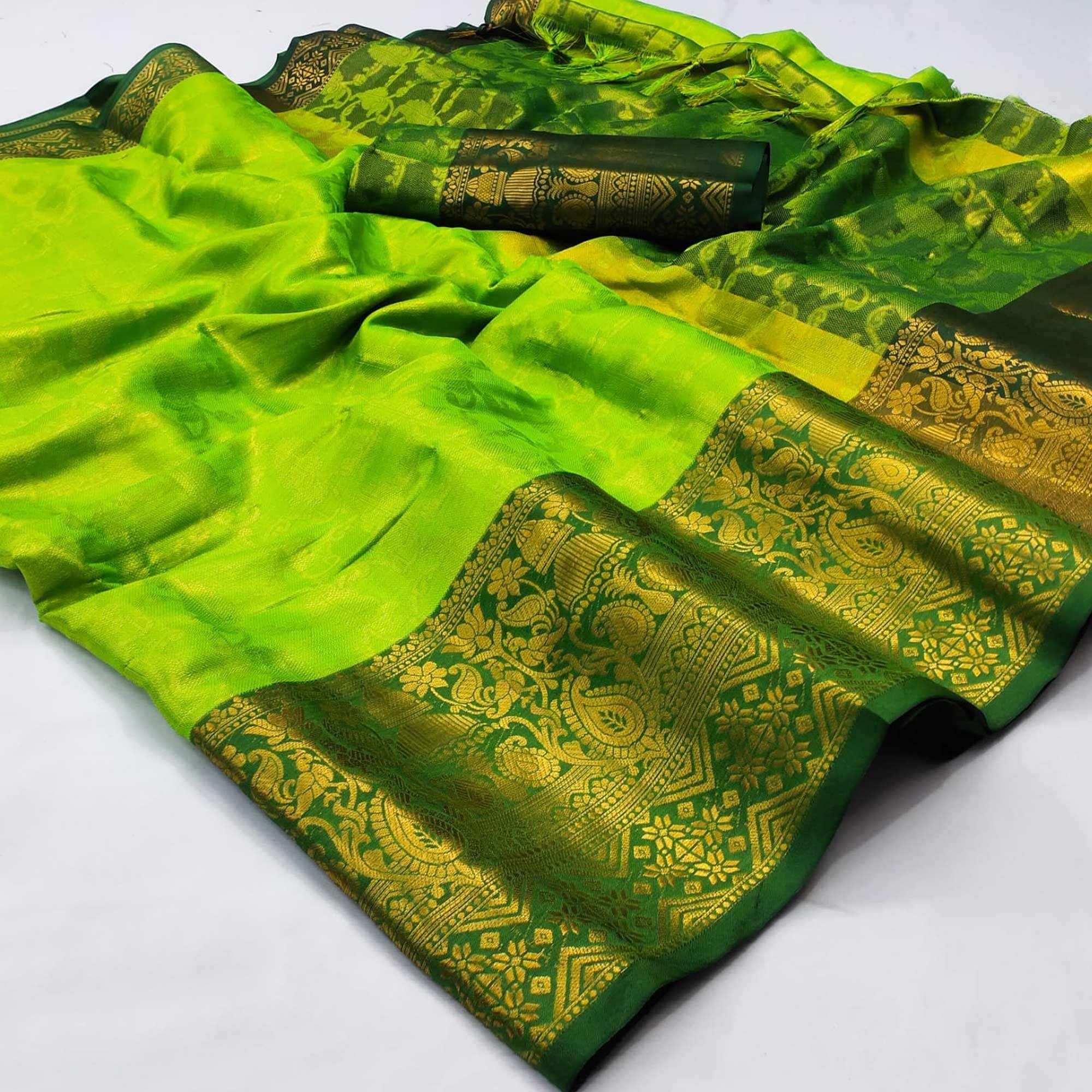 Parrot Green Woven Cotton Silk Saree - Peachmode