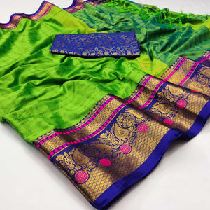 Parrot Green Woven Cotton Silk Saree With Tassels - Peachmode