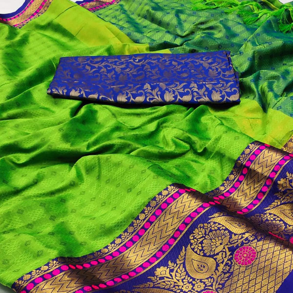 Parrot Green Woven Cotton Silk Saree With Tassels - Peachmode