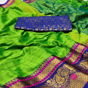 Parrot Green Woven Cotton Silk Saree With Tassels - Peachmode