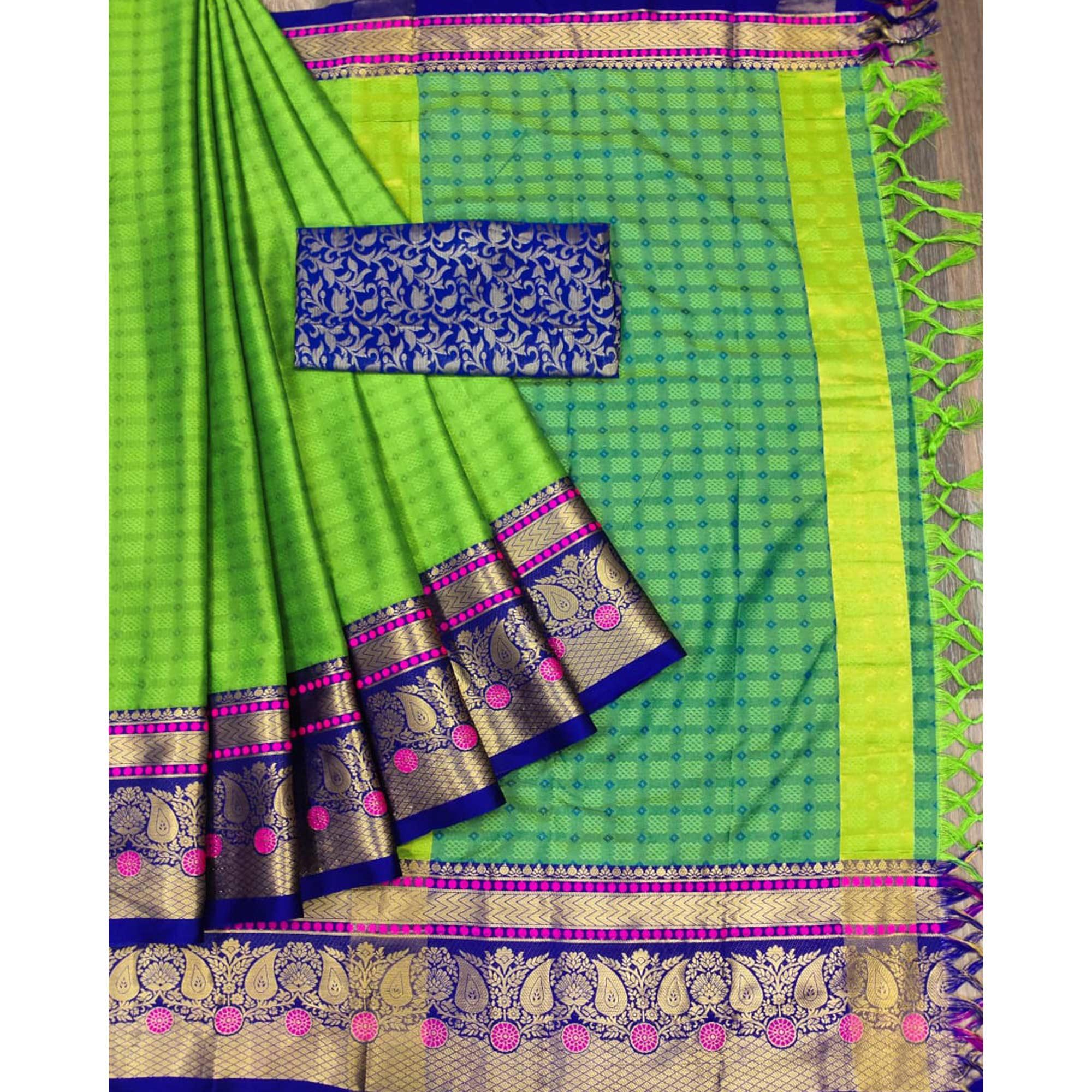 Parrot Green Woven Cotton Silk Saree With Tassels - Peachmode
