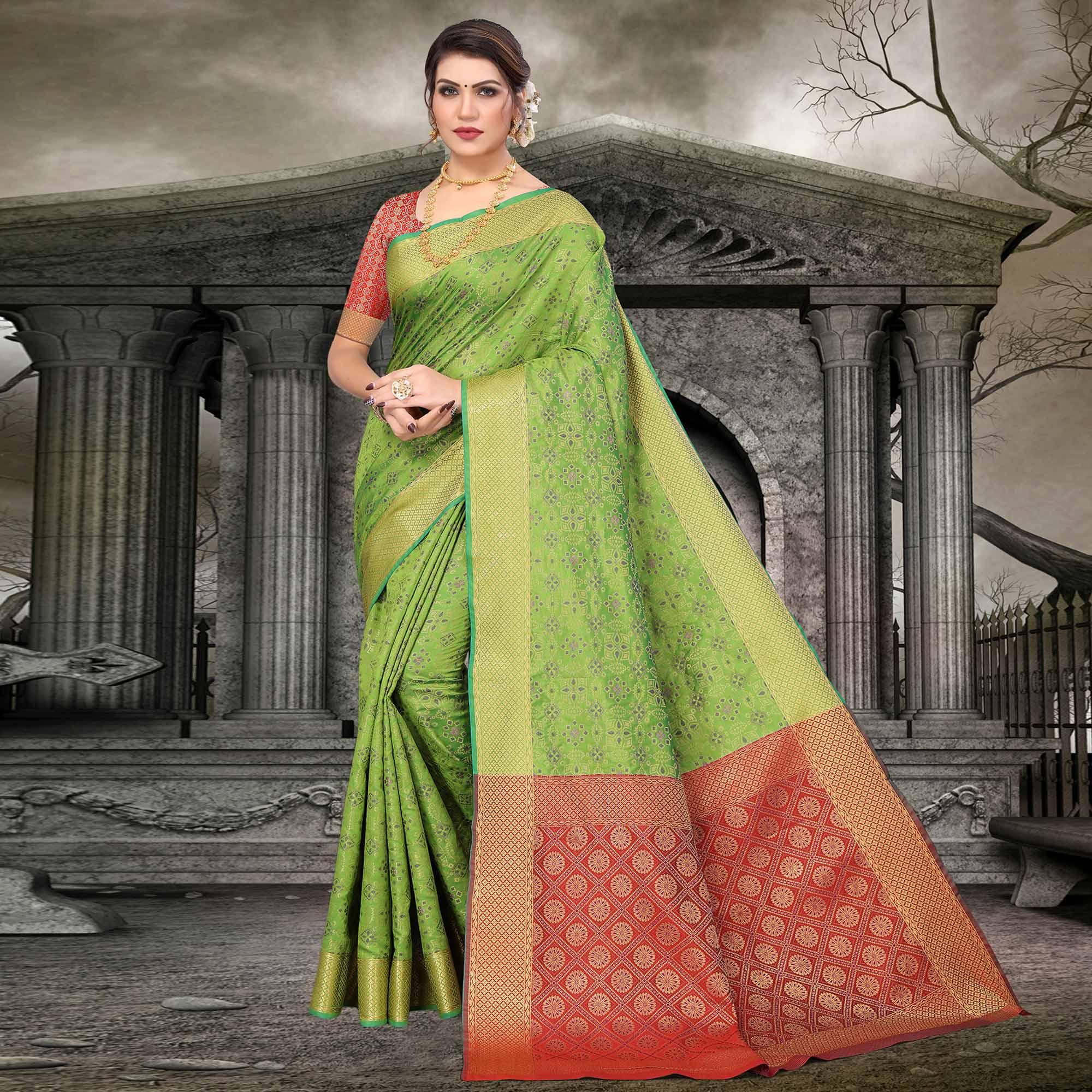 Parrot Green Woven Jacquard Saree - Peachmode