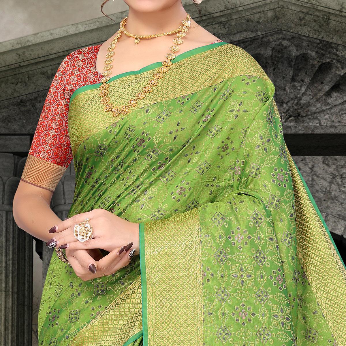 Parrot Green Woven Jacquard Saree - Peachmode