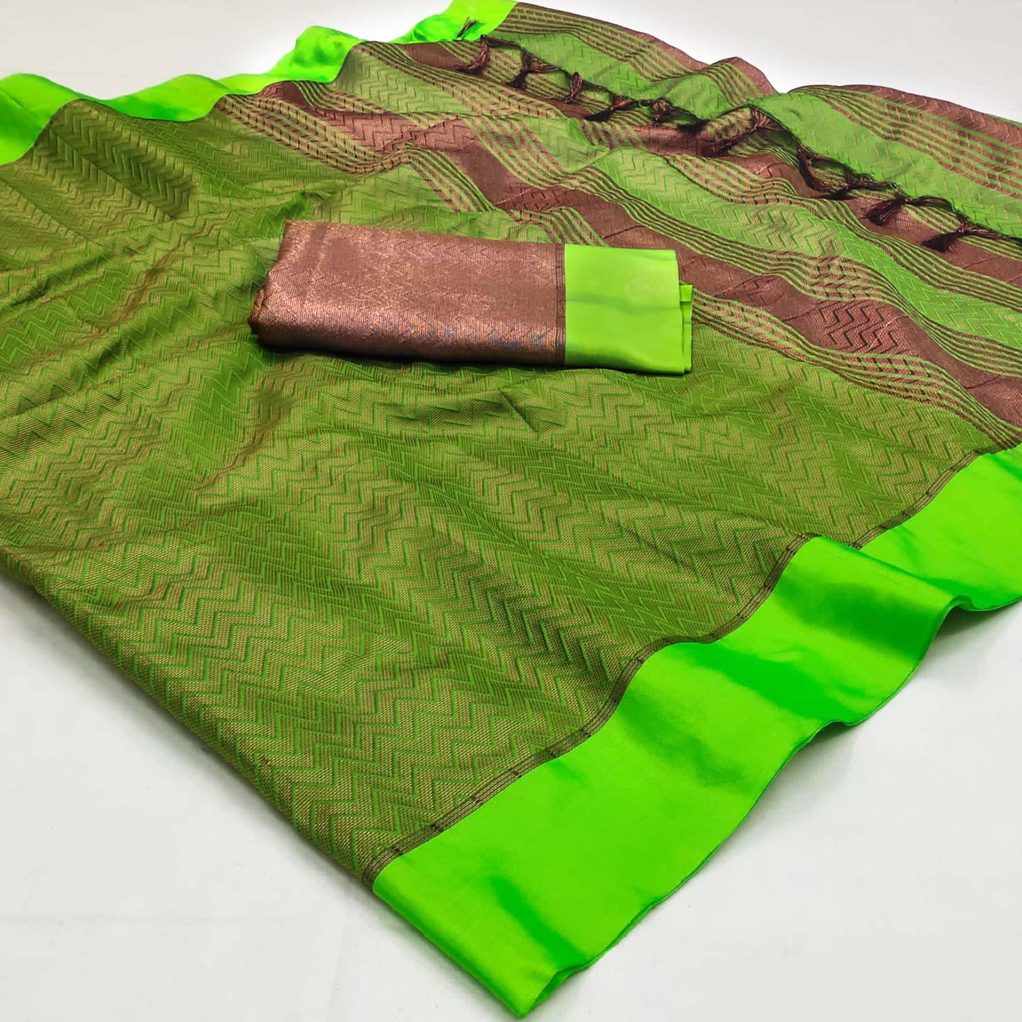 Parrot Green Zig Zag Woven Cotton Silk Saree - Peachmode