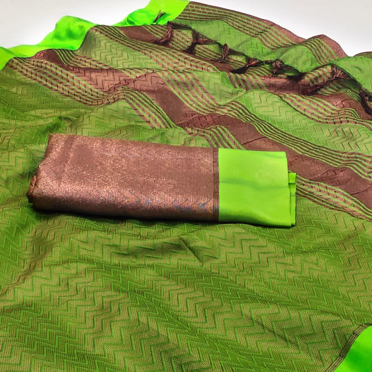 Parrot Green Zig Zag Woven Cotton Silk Saree - Peachmode