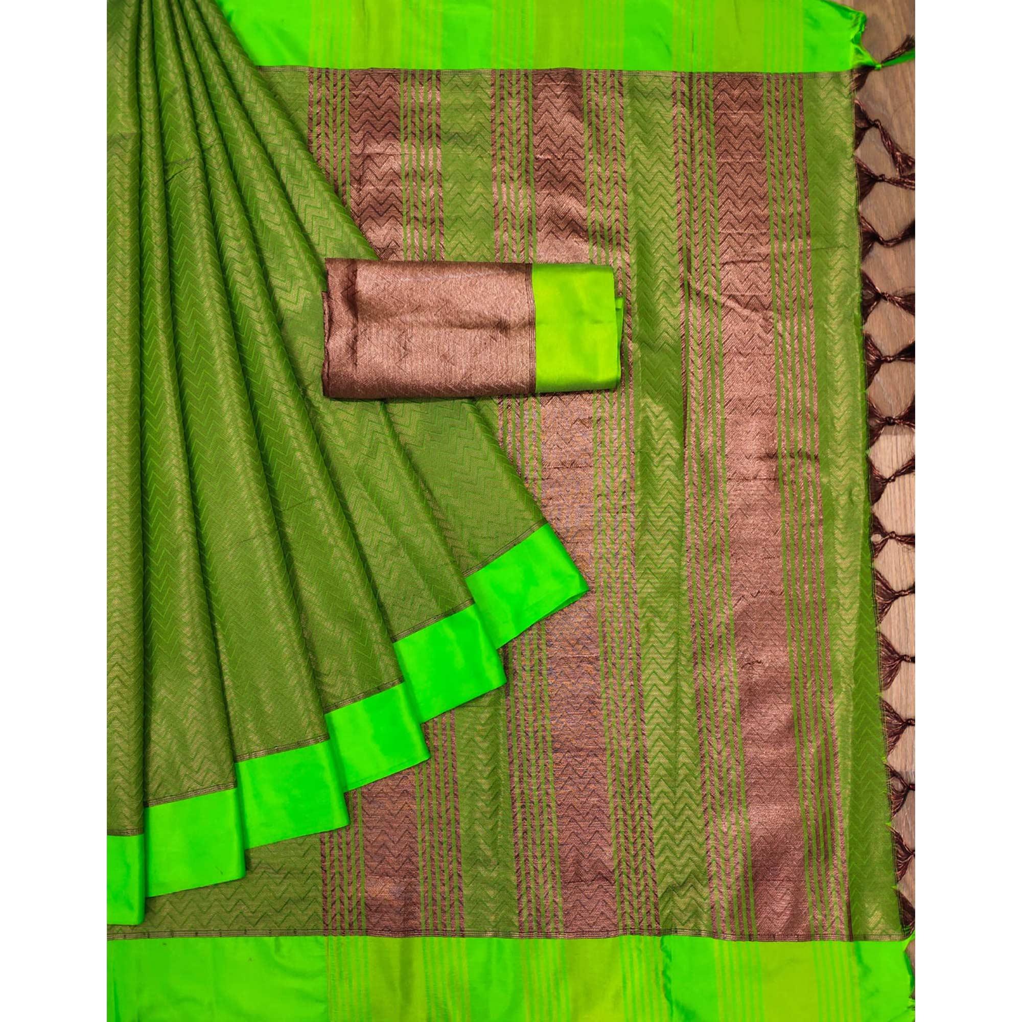Parrot Green Zig Zag Woven Cotton Silk Saree - Peachmode