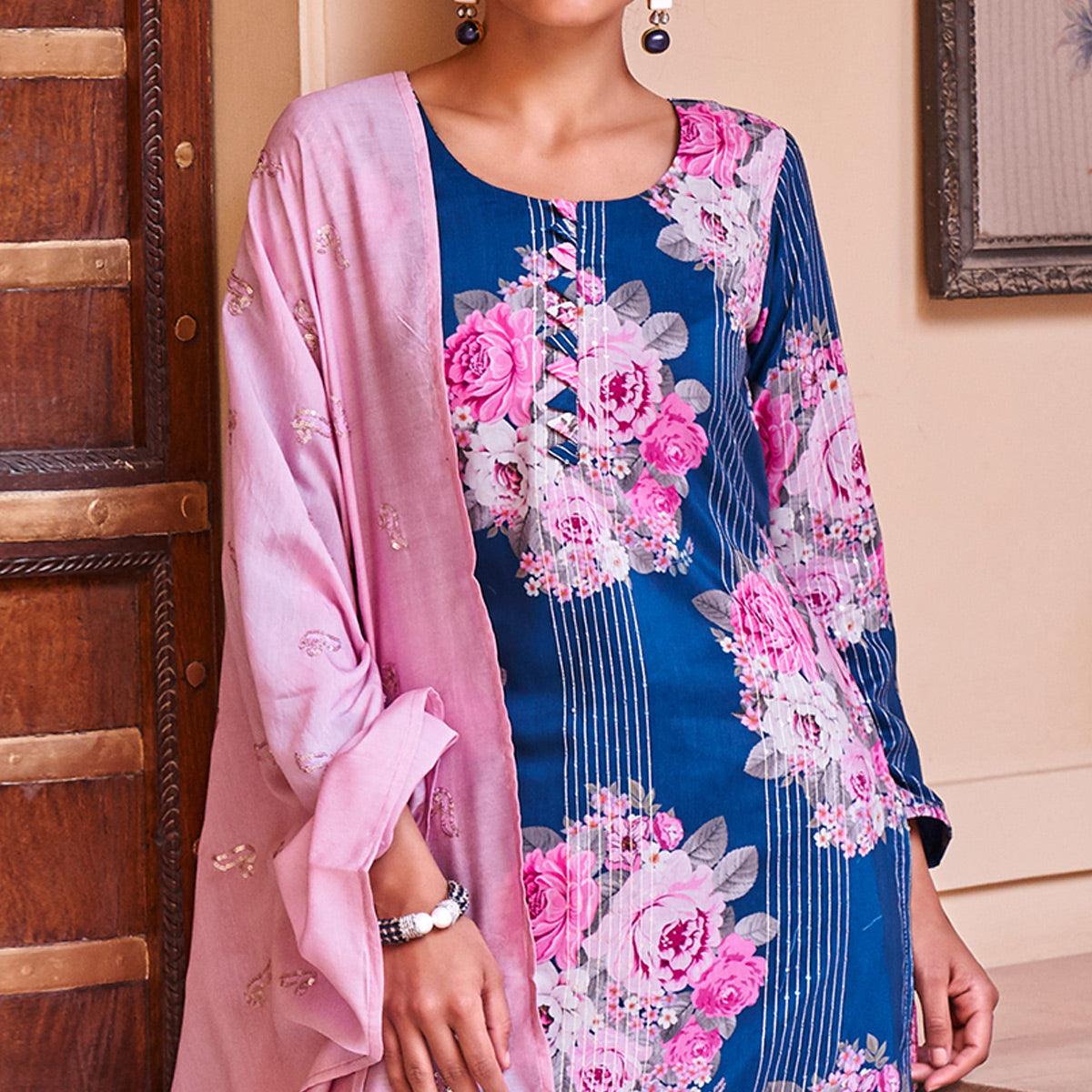 Partywear Blue Designer Floral Printed  Crochet Palazzo Suit - Peachmode