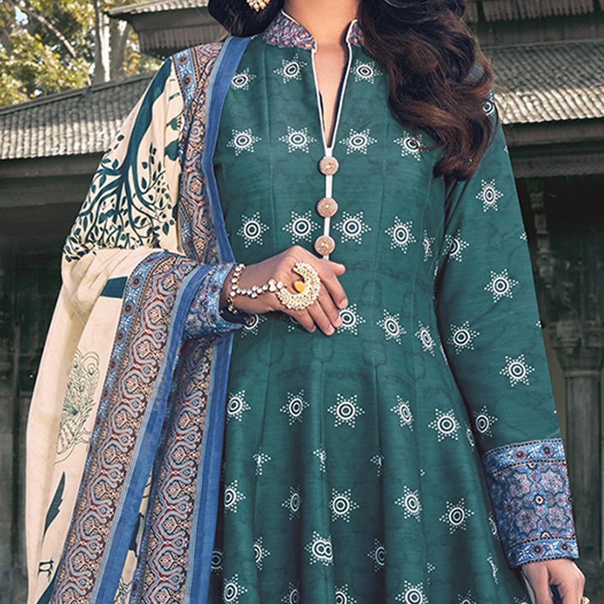 Partywear Dark Slate Blue Digital Printed Killer Silk anarkali Suit - Peachmode
