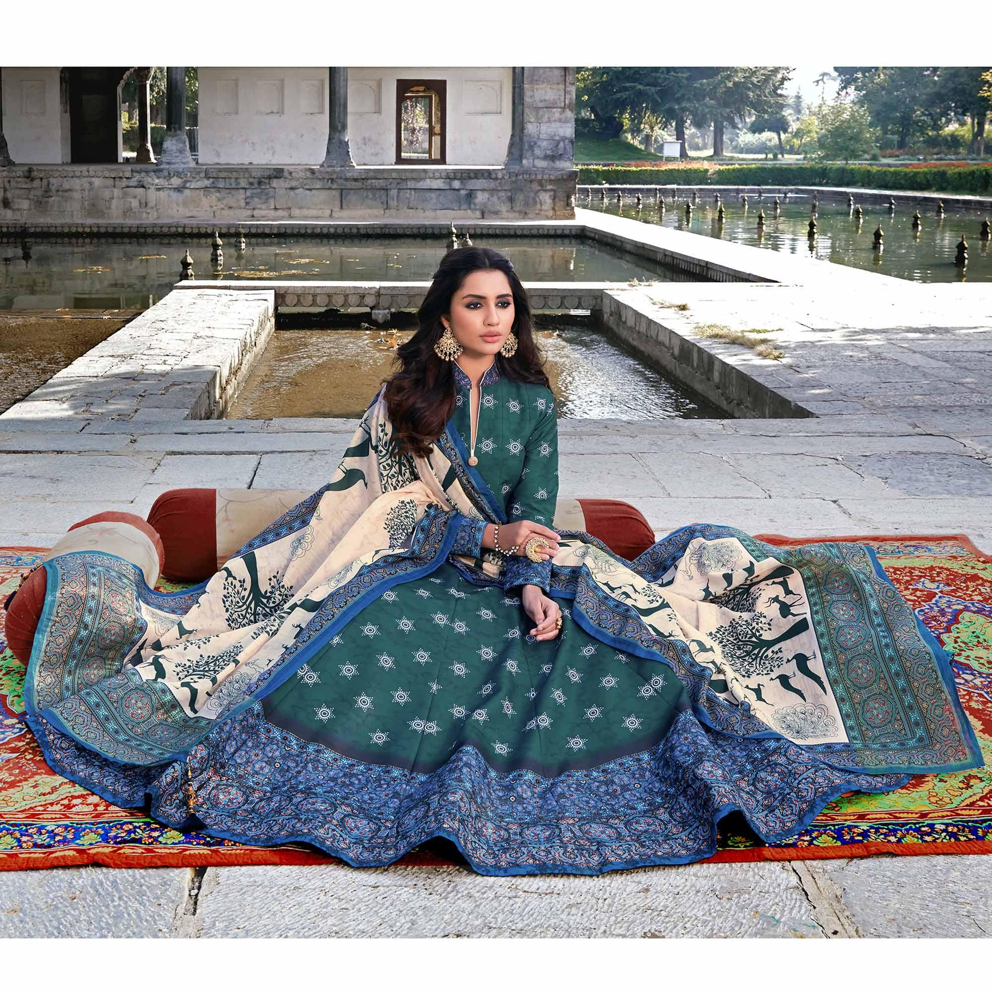 Partywear Dark Slate Blue Digital Printed Killer Silk anarkali Suit - Peachmode