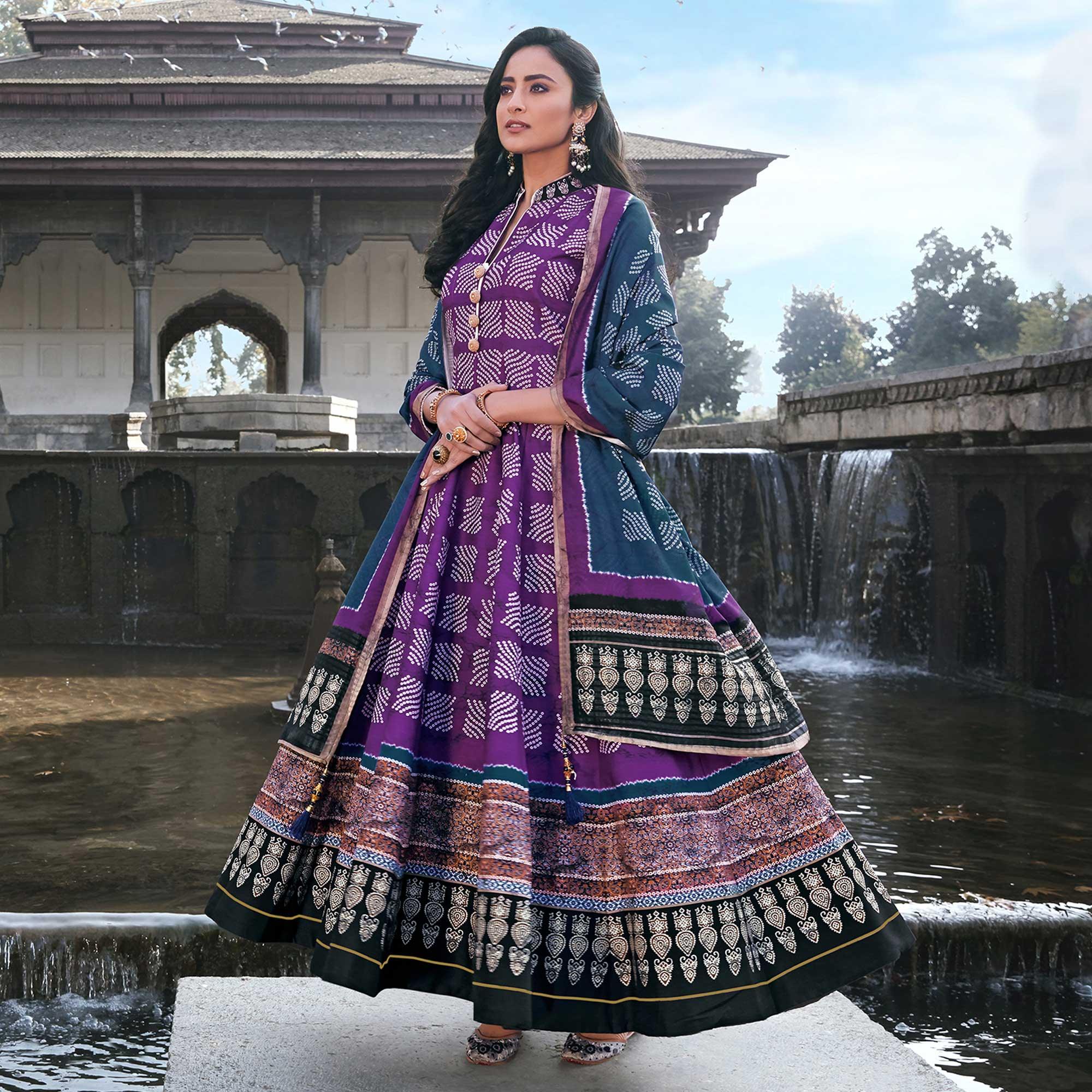 Partywear Dark Violet Digital Printed Killer Silk anarkali Suit - Peachmode