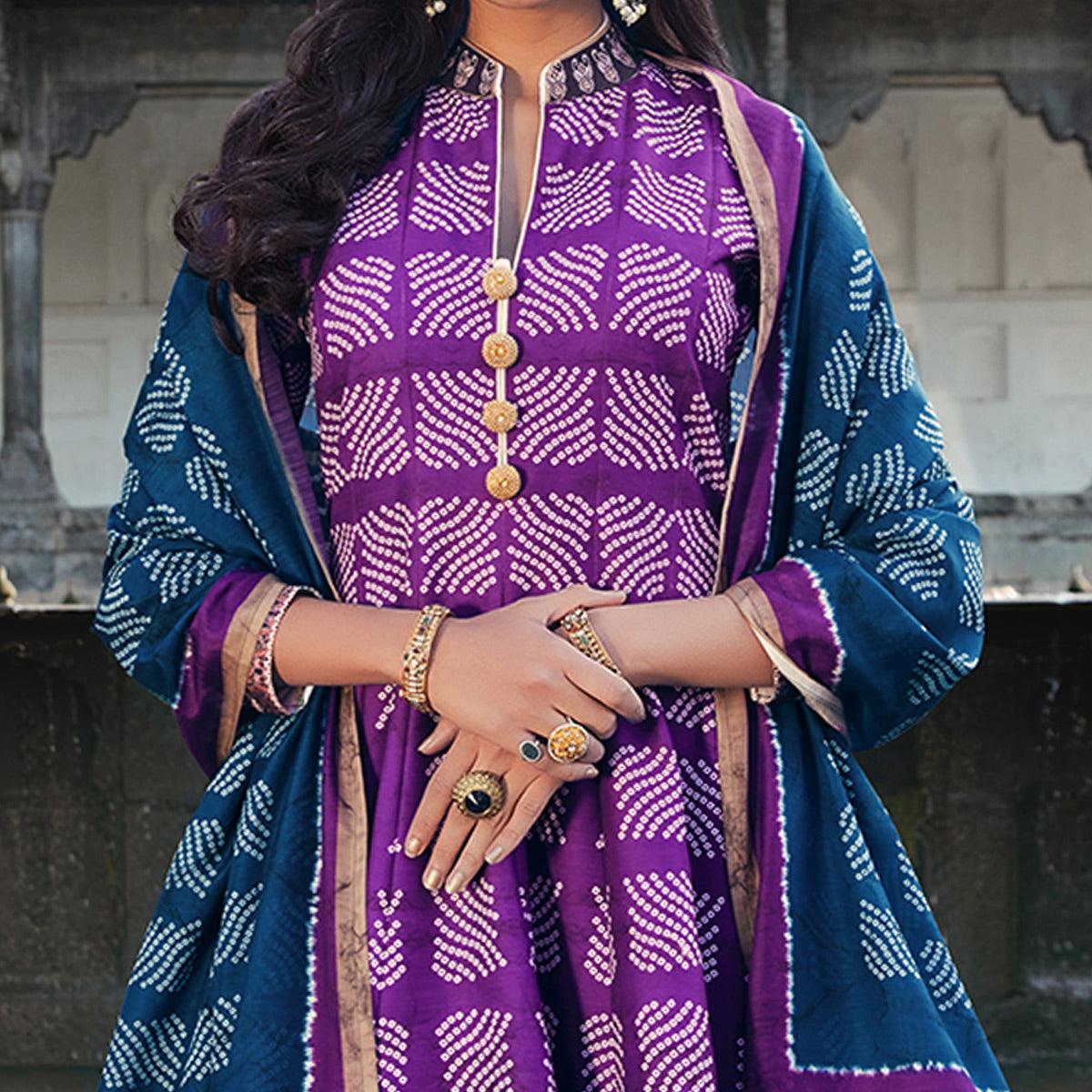 Partywear Dark Violet Digital Printed Killer Silk anarkali Suit - Peachmode