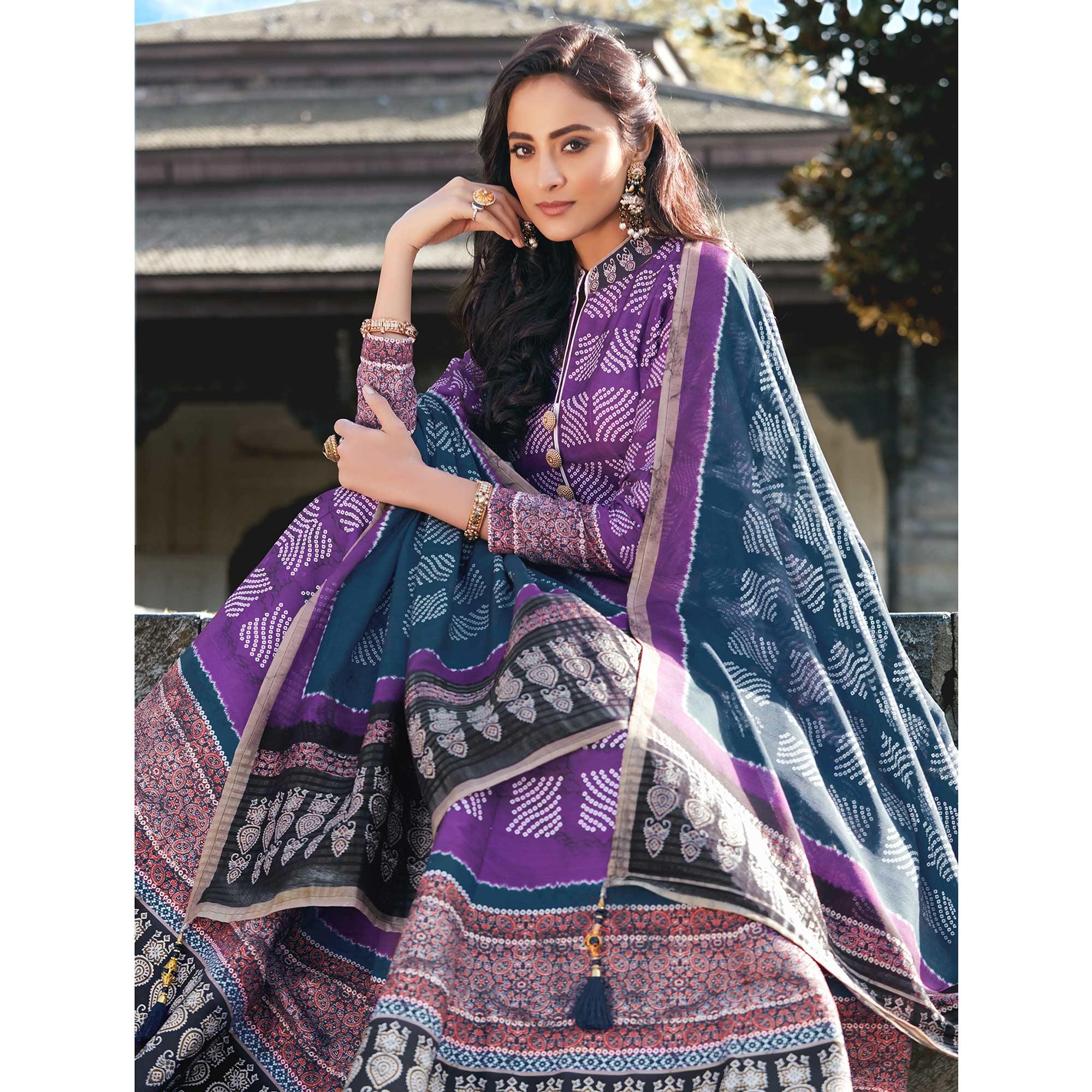 Partywear Dark Violet Digital Printed Killer Silk anarkali Suit - Peachmode