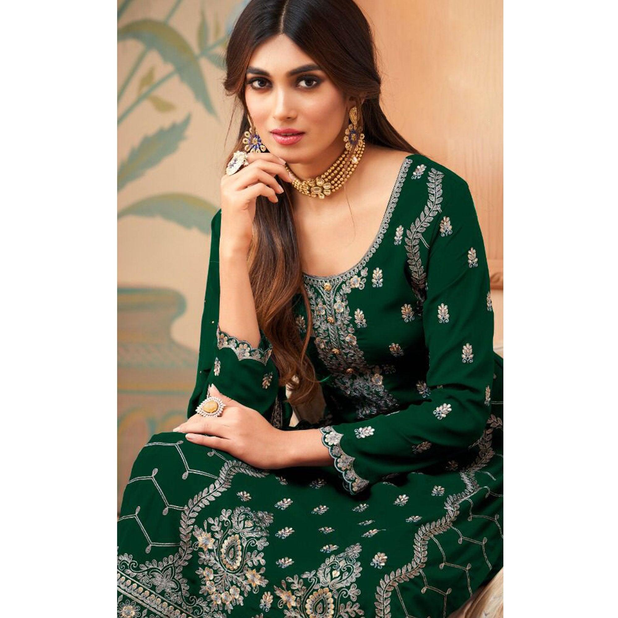 Partywear Designer Embroidered Green Heavy Faux Georgette Salwar Suit - Peachmode