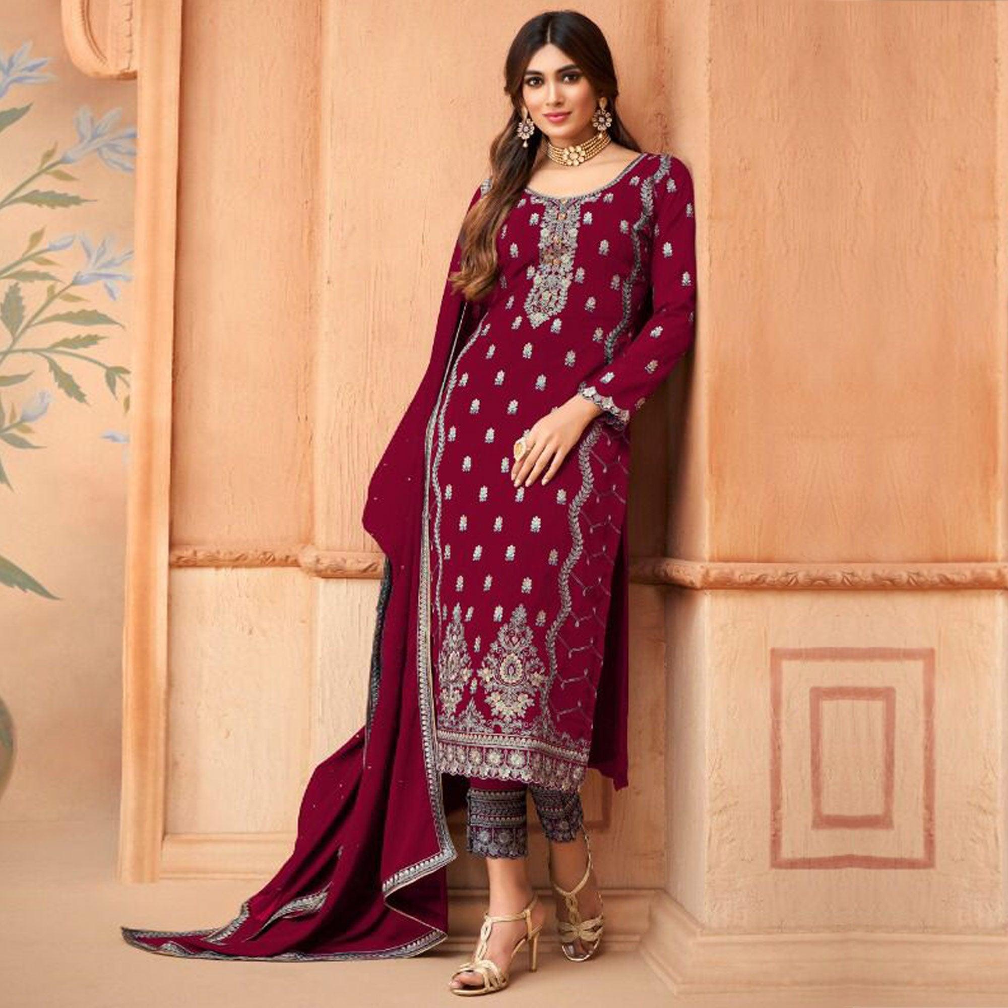 Partywear Designer Embroidered Wine Heavy Faux Georgette Salwar Suit - Peachmode