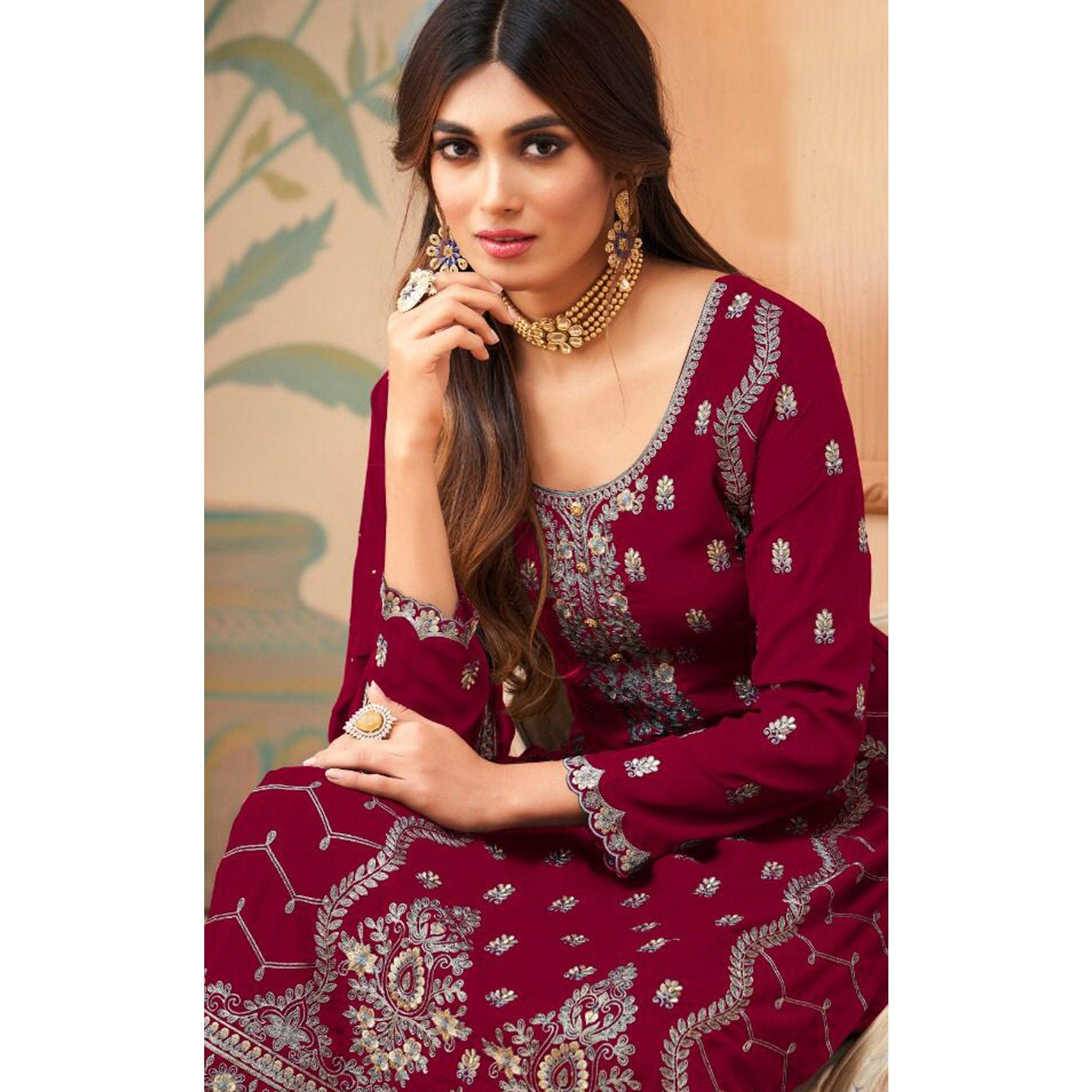 Partywear Designer Embroidered Wine Heavy Faux Georgette Salwar Suit - Peachmode