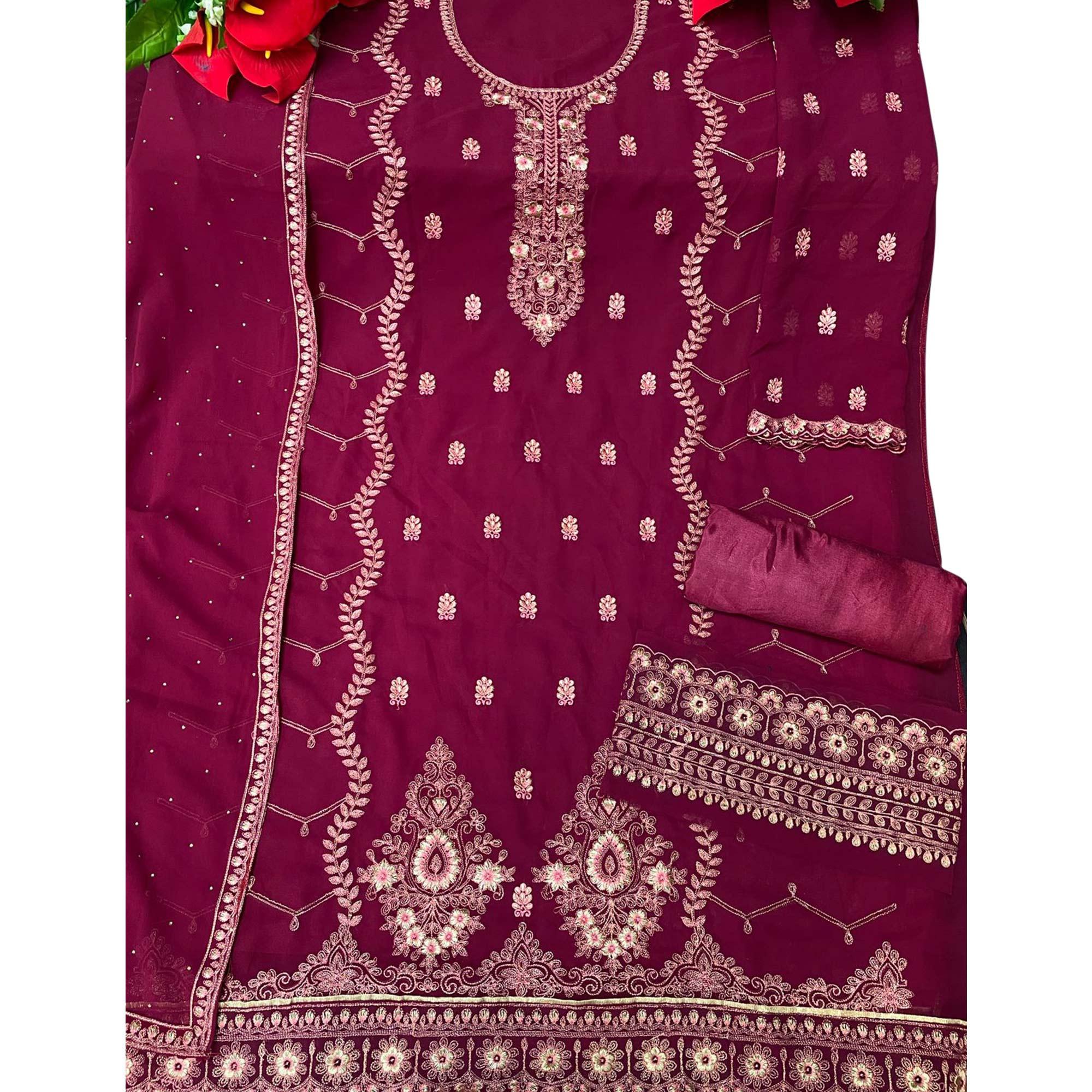 Partywear Designer Embroidered Wine Heavy Faux Georgette Salwar Suit - Peachmode