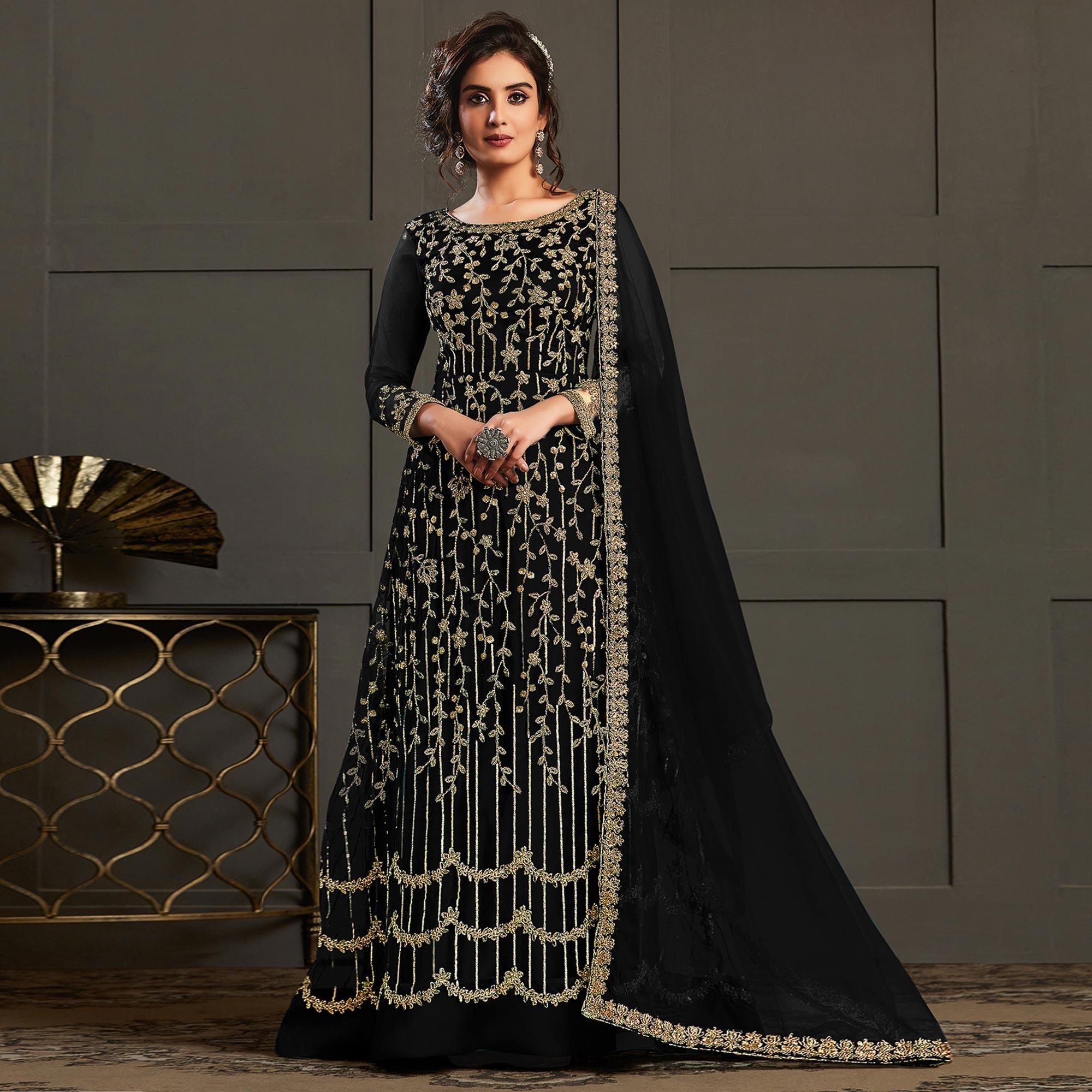 Partywear Designer Embroidery & Cording Black Heavy Butterfly Net Anarkali Suit - Peachmode